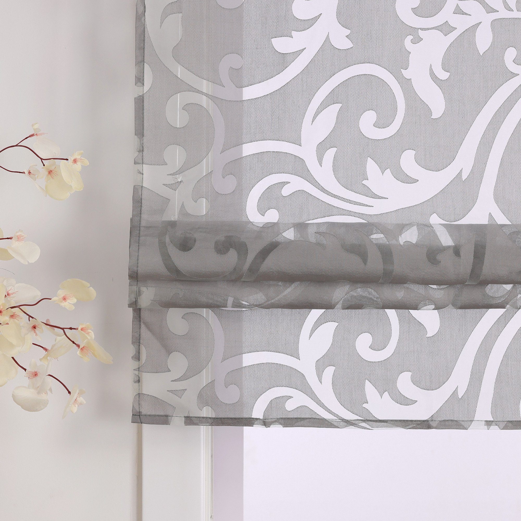 Delien Raffrollo Jessica, mit Schlaufen, Voile Uni mit Floral Ausbrenner