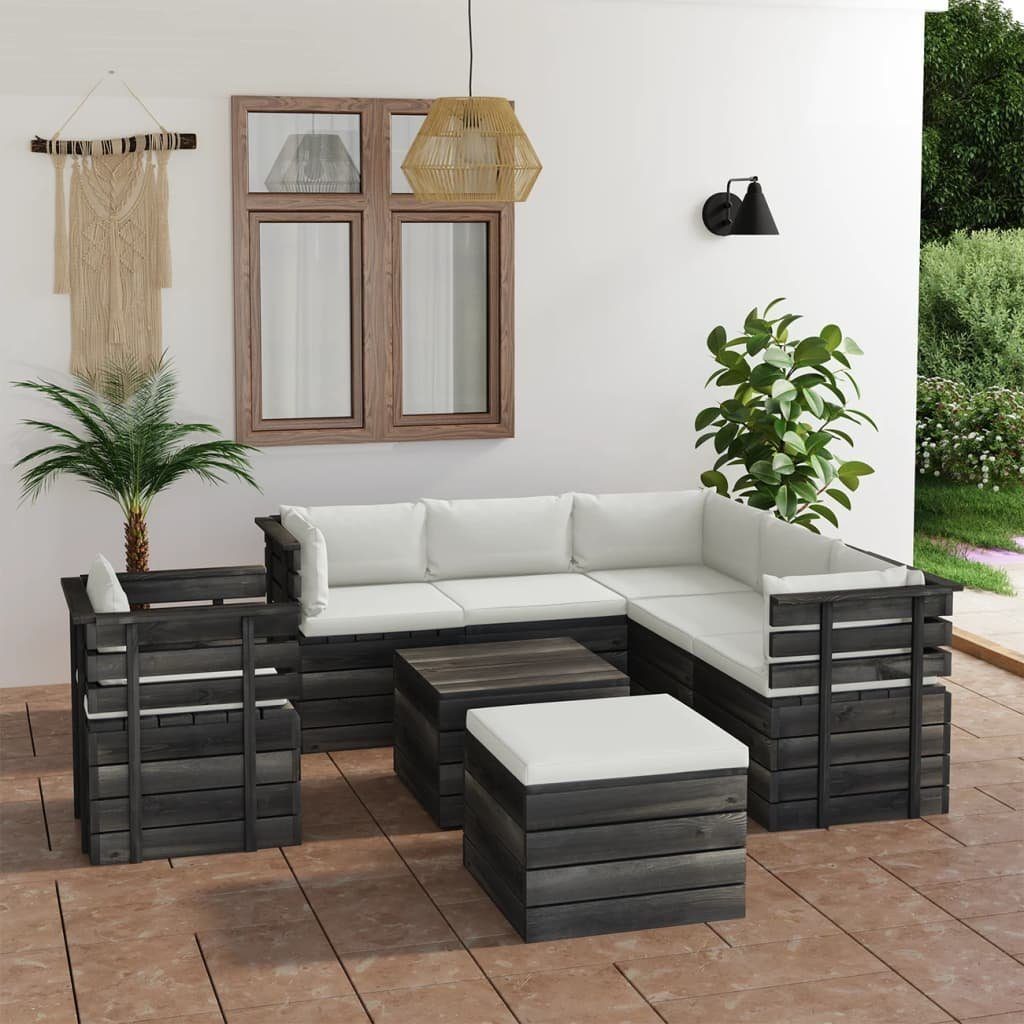 Garten-Sofagarnitur Creme Kiefernholz, 8-tlg. vidaXL Paletten (8-tlg) Gartenlounge-Set Kissen mit aus