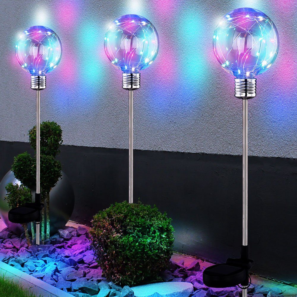 etc-shop LED Gartenleuchte, LED-Leuchtmittel fest verbaut, Farbwechsel, 3er Set RGB LED Solar Kugel Steck Leuchten Garten Weg