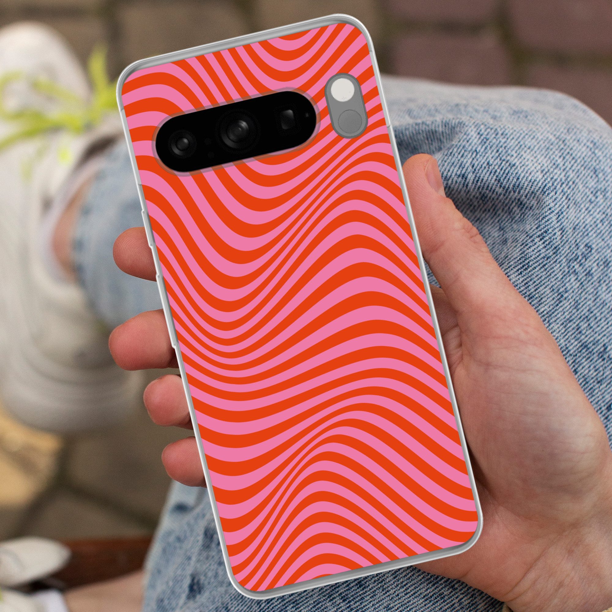 MuchoWow Handyhülle für Google Pixel 8 Pro Wellenförmiges Muster - Rot - Rosa - Linien, Phone Case, Silikon, Schutzhülle Dünn