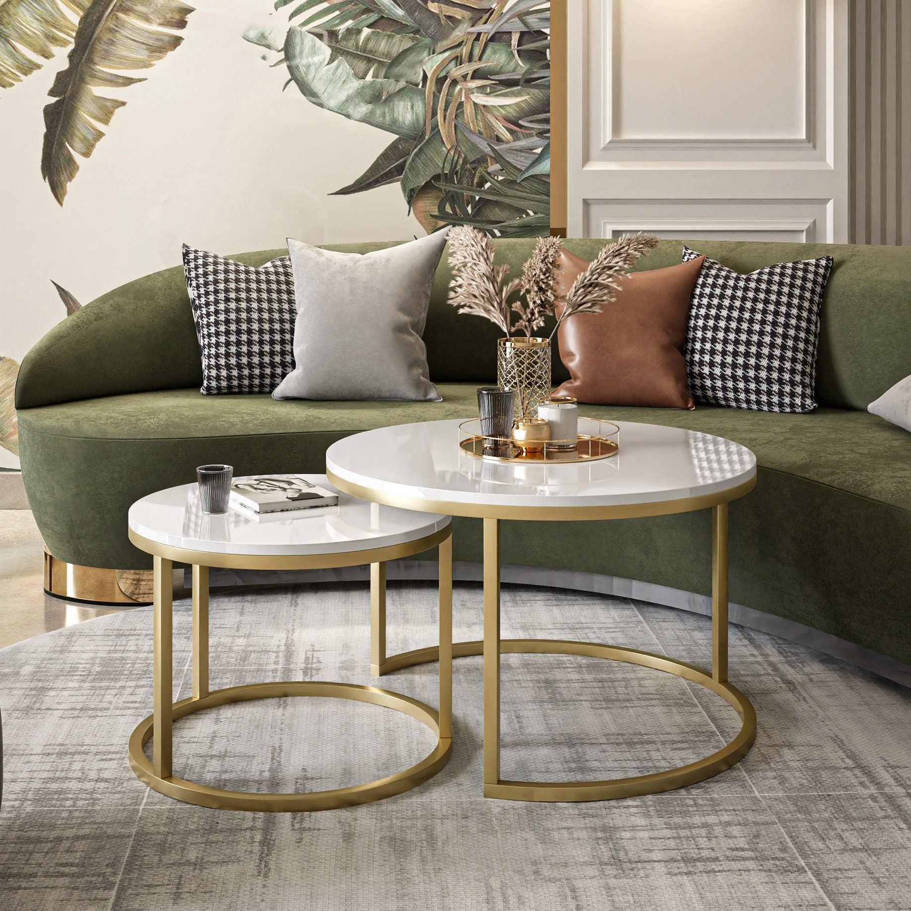 Lookway Couchtisch CIRI 2in1 Hochglanz mit Gold Matt Gestell, Runder Tisch (2er Set), Durchmesser: ⌀70 cm & ⌀50 cm und Durchmesser: ⌀80 cm & ⌀60 cm