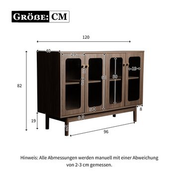 IDEASY Stauraumvitrine Sideboard, Lagerschrank, Buffetschrank, Vitrine, (4 vertikal gestreifte Glastüren,120*40*82 cm) hochwertige Spanplatte