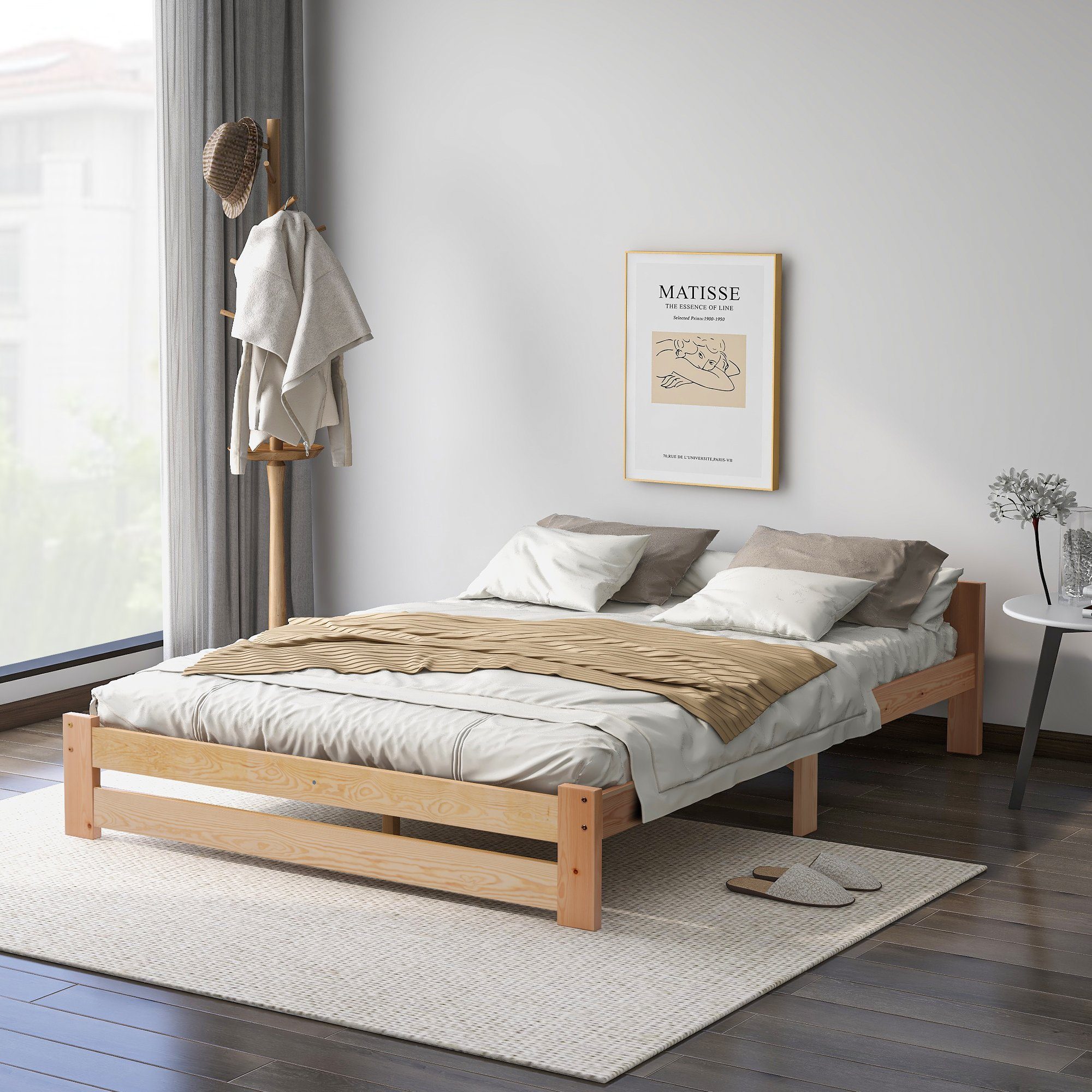 Futonbett (Doppelbett), Ehebett Massivholzbett mit Kopfteil und Lattenrost, 200x140cm