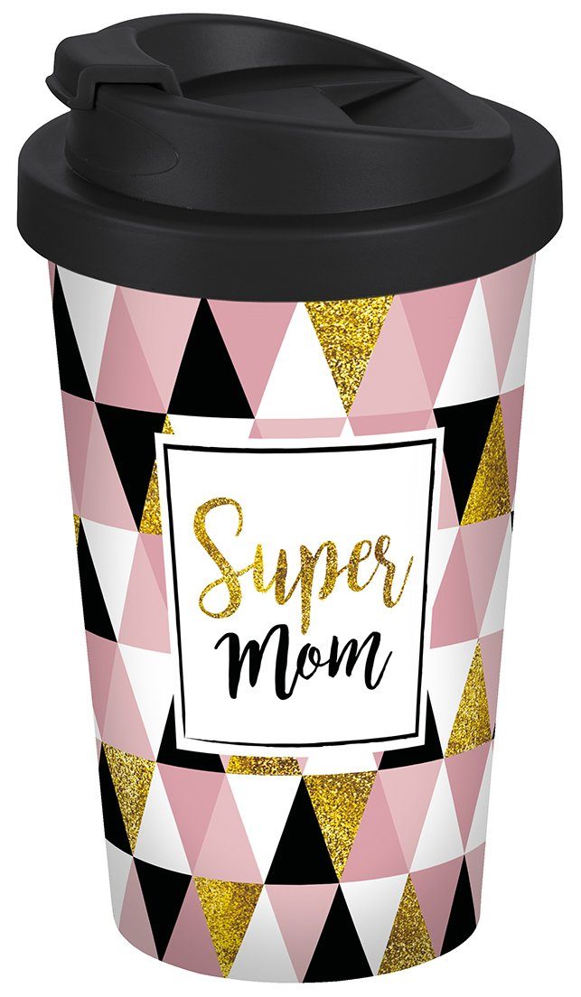 Geda Labels GmbH Coffee-to-go-Becher Super Mom, 1-tlg., PP, Rosa, 400 ml, doppelwandig, auslaufsicher