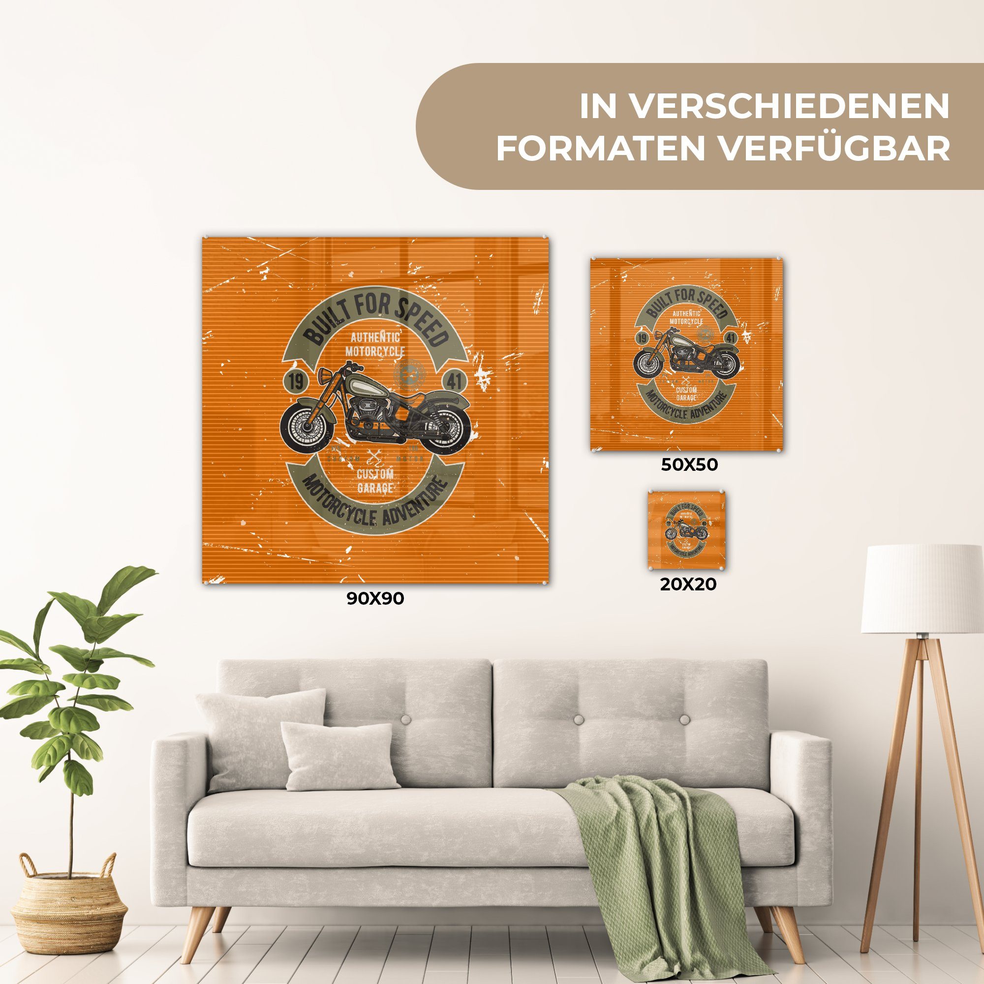 MuchoWow Acrylglasbild Vintage - Glas - Foto Motor Bilder (1 auf auf Orange, Wanddekoration Wandbild St), Glas Glasbilder - - 