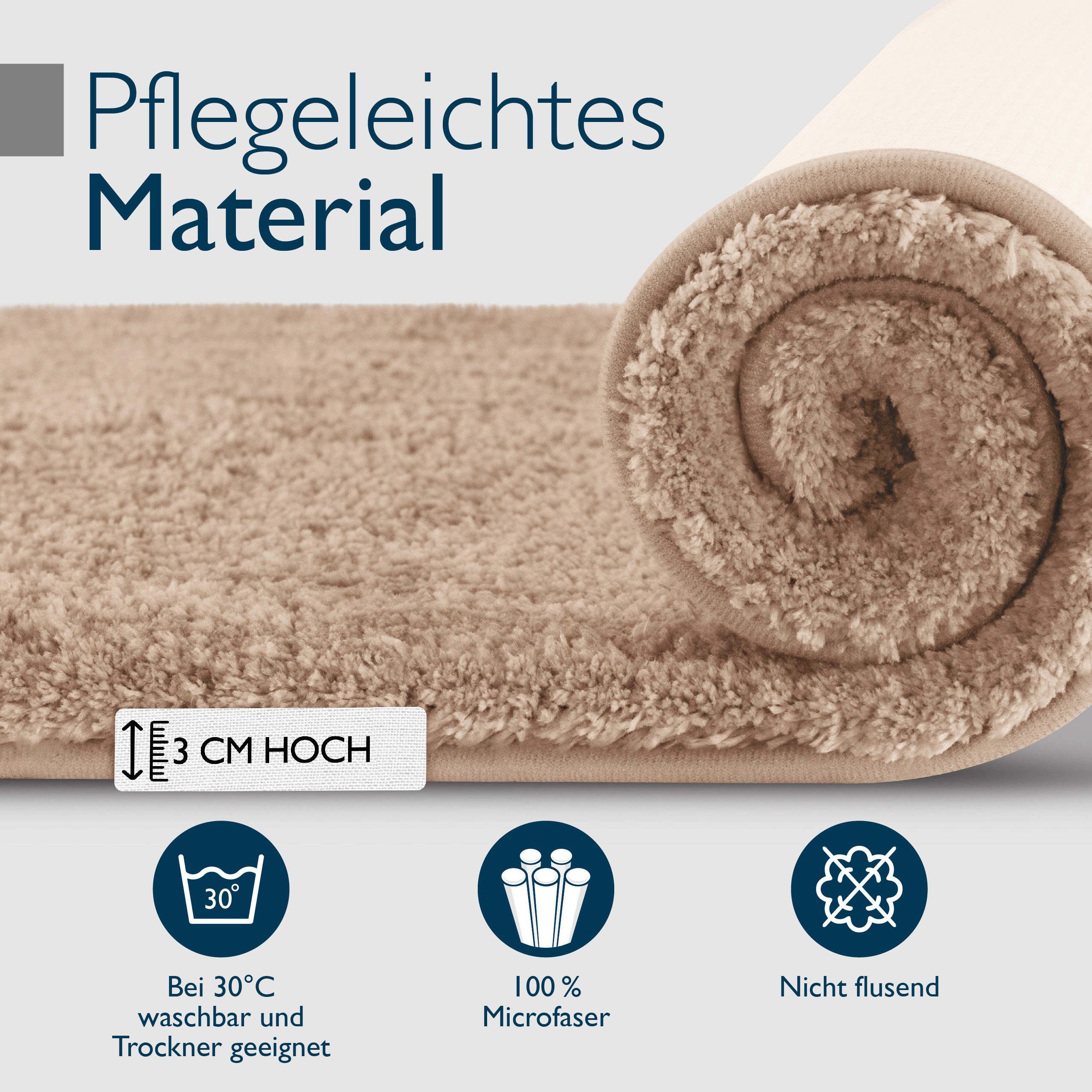 Beautissu Badematte Badematte rutschfest BeauMare FL, 60x50cm, Natur, Höhe 30 mm, Polyester, 60x50 cm Duschvorleger Hochflor Badteppich rutschfest Waschbar Shag – Bild 4 von 5