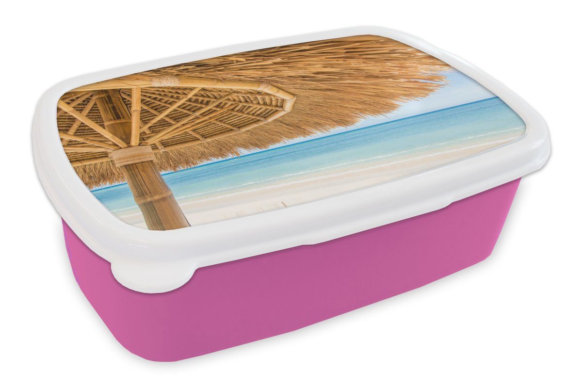 MuchoWow Lunchbox Sonnenschirm - Strand - Meer - Tropisch, Kunststoff, (2-tlg), Brotbox für Erwachsene, Brotdose Kinder, Snackbox, Mädchen, Kunststoff rosa