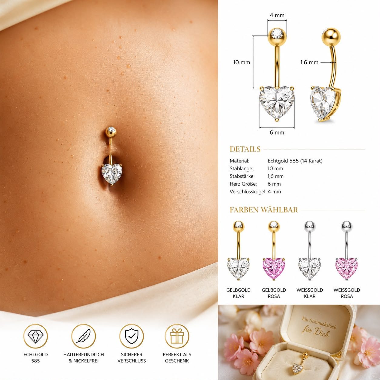 Taffstyle Bauchnabelpiercing Echtgold 585 Herz Zirkonia Kristall 14 Karat Gold Piercing (Edles Bauchnabelpiercing aus massivem 585 Echtgold mit funkelndem Herz-Kristall – hochwertiger Schmuck für einen stilvollen Look)