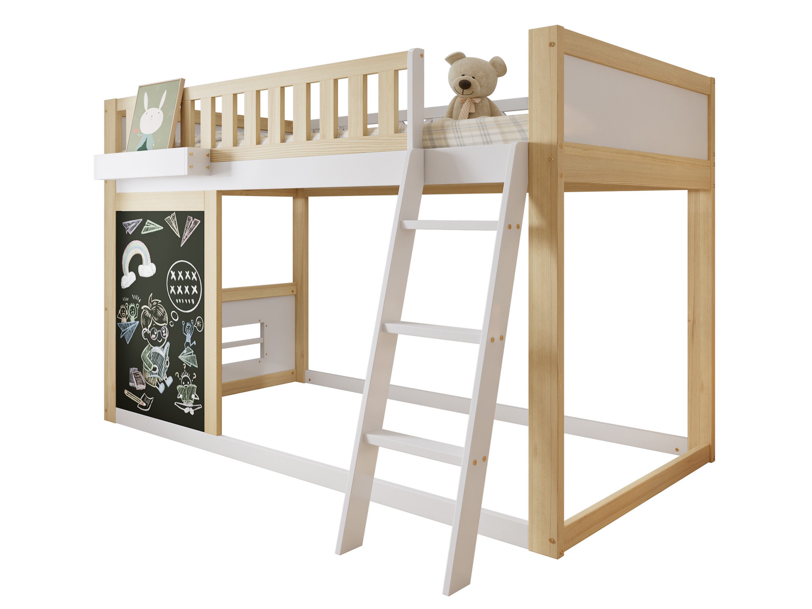 SeedWave Hochbett Modernes Kinderbett Holzbett mit Einer Leiter, Einbau-Tafel, 90x200cm Eine Liegefläche mit Schutzgeländern