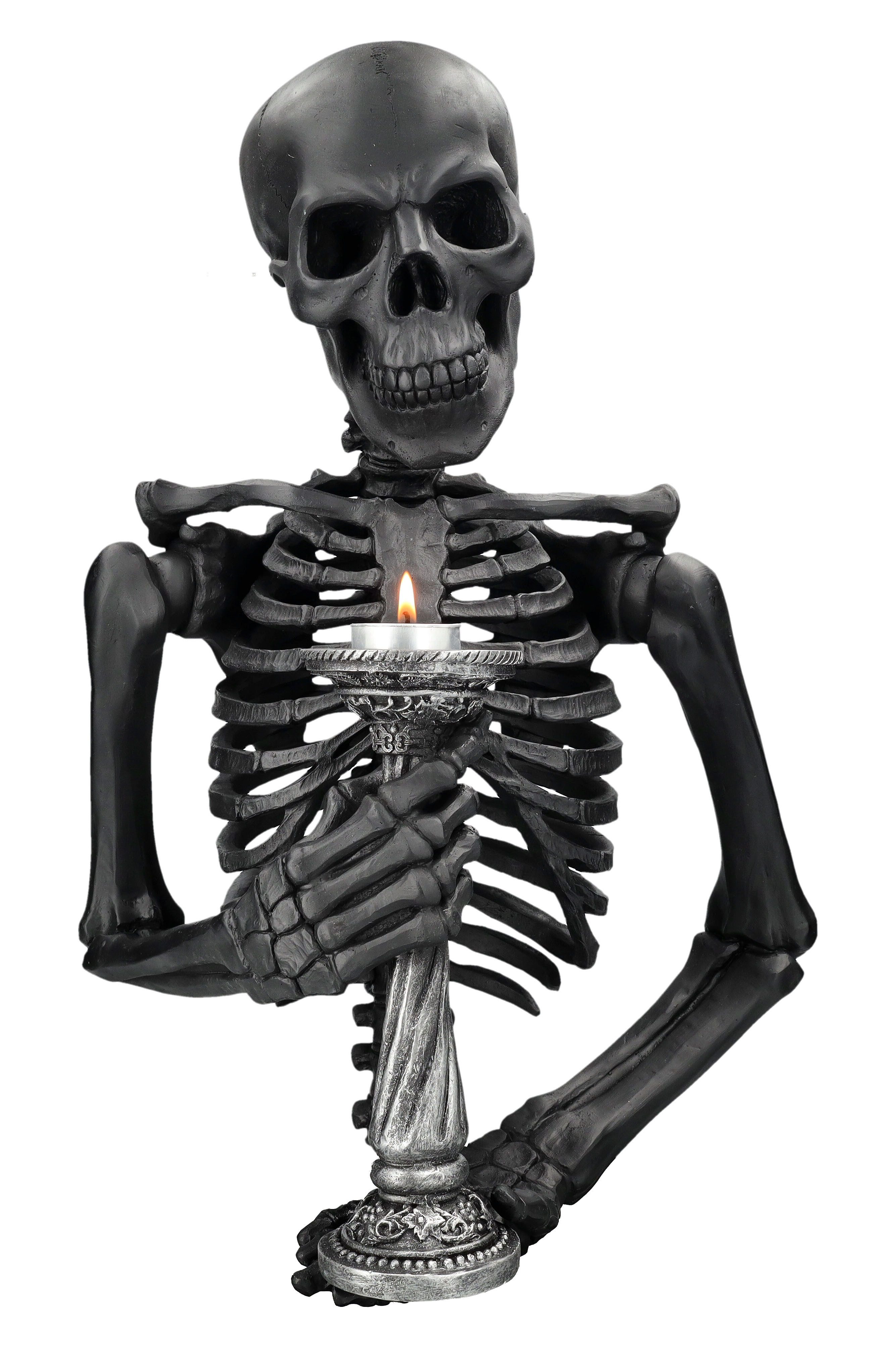 Figuren Shop GmbH Teelichthalter Skelett Wandfigur – Gothic Teelichthalter Statue Seelenfeuer 46cm Deko