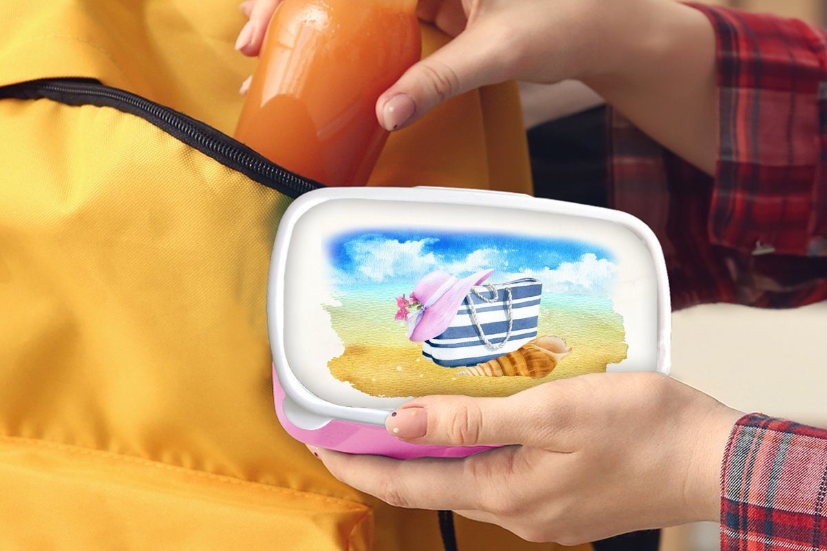 Erwachsene, Kunststoff, Snackbox, Lunchbox rosa Kinder, Brotdose Strand, für Mädchen, Tasche Hut Kunststoff - Brotbox - - (2-tlg), MuchoWow Muschel