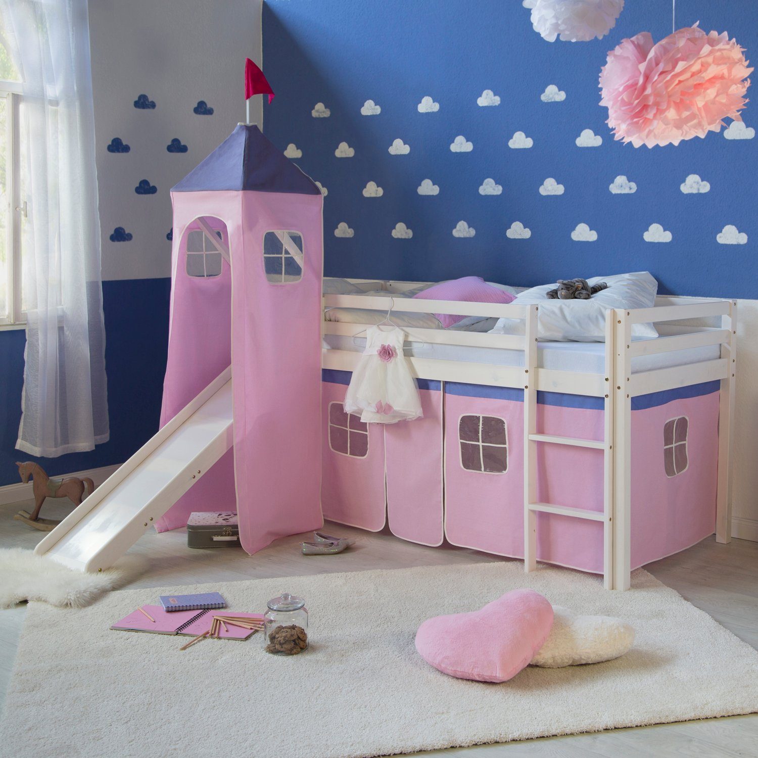Homestyle4u Hochbett Kinderbett mit Leiter und Vorhang Weiß Rosa Holz Kiefer mit Rutsche und Turm