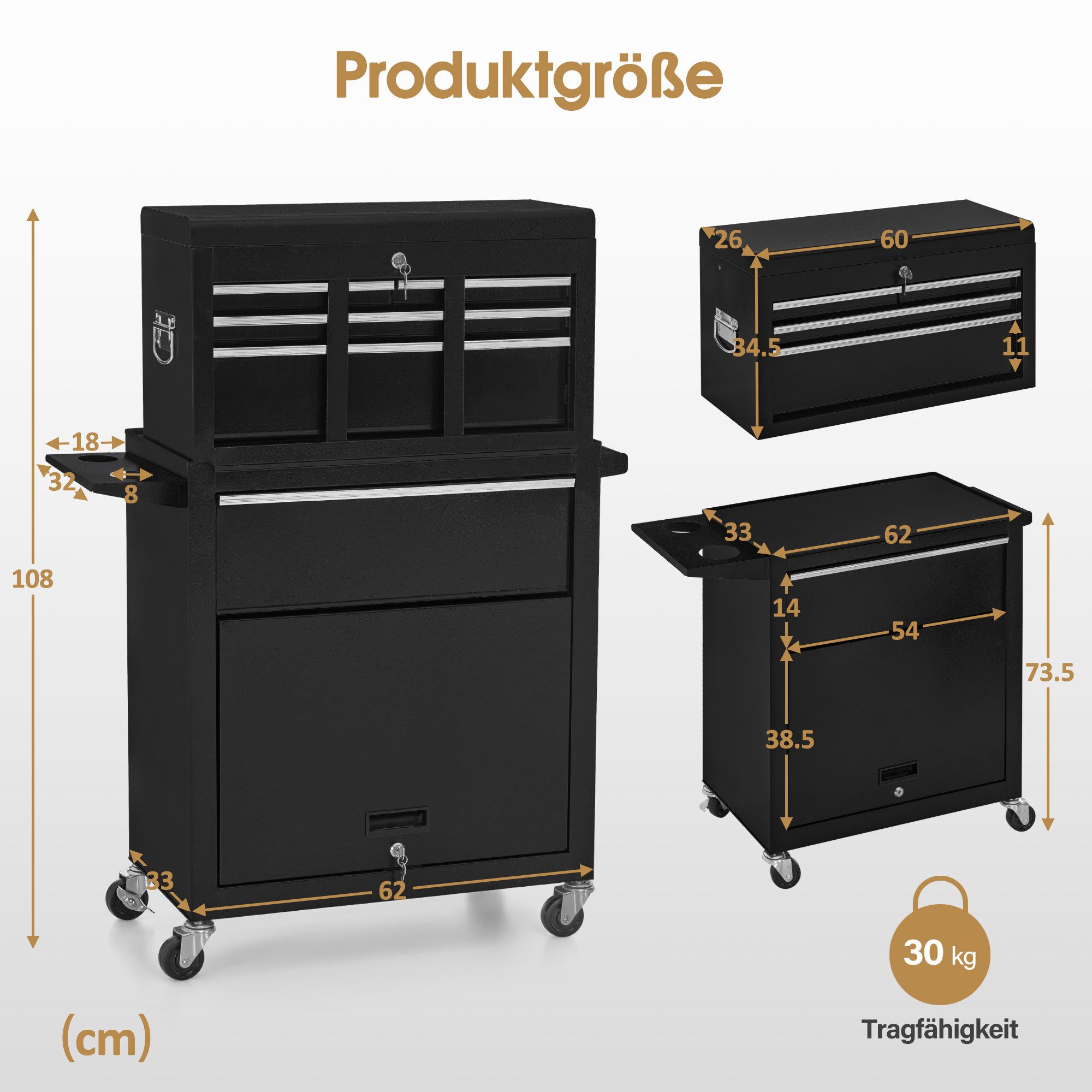 Barberpub Rollwagen BarberPub 2 in 1 Friseurwagen mit 5 Schubladen, mit Rollen, 0097, mit Rollen, mit Schrank & Haken, abschließbar