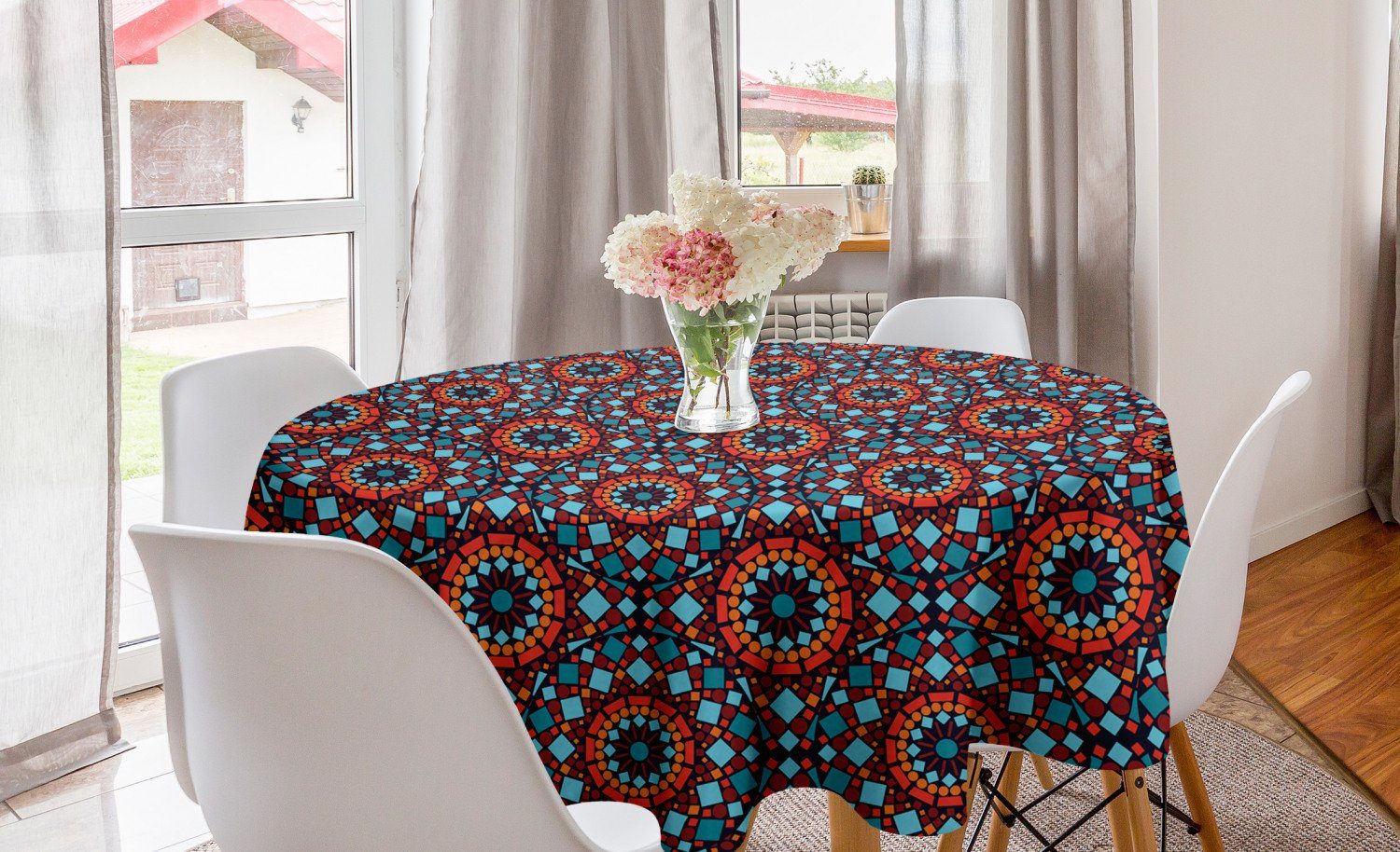 Abakuhaus Tischdecke Kreis Tischdecke Abdeckung für Esszimmer Küche Dekoration, Orange Mandala Geometrische Volkskunst
