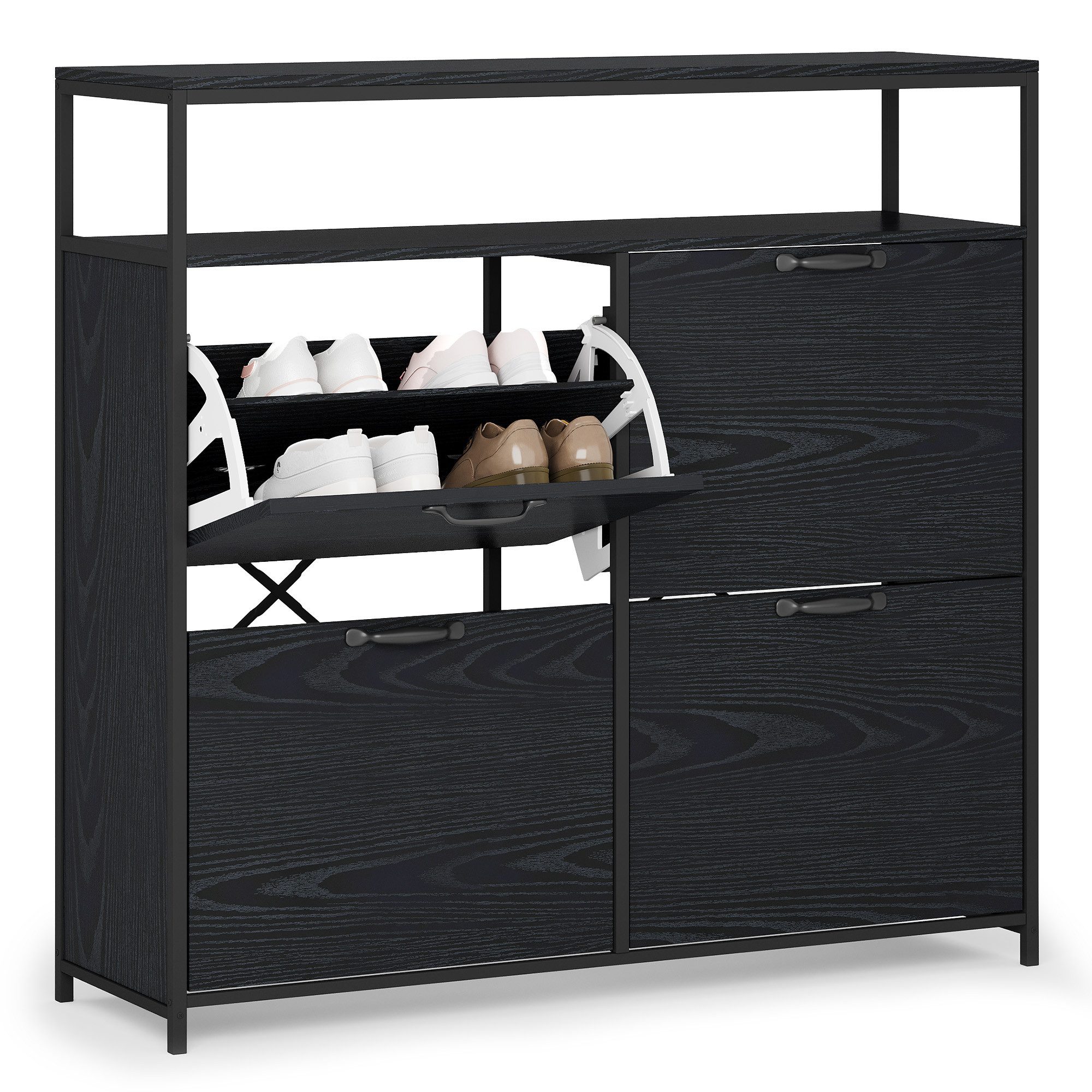 Bealife Schuhschrank Schuhregal mit 4 Klappen, Kapazität 16 Paar, 98 x 30 x 95 cm