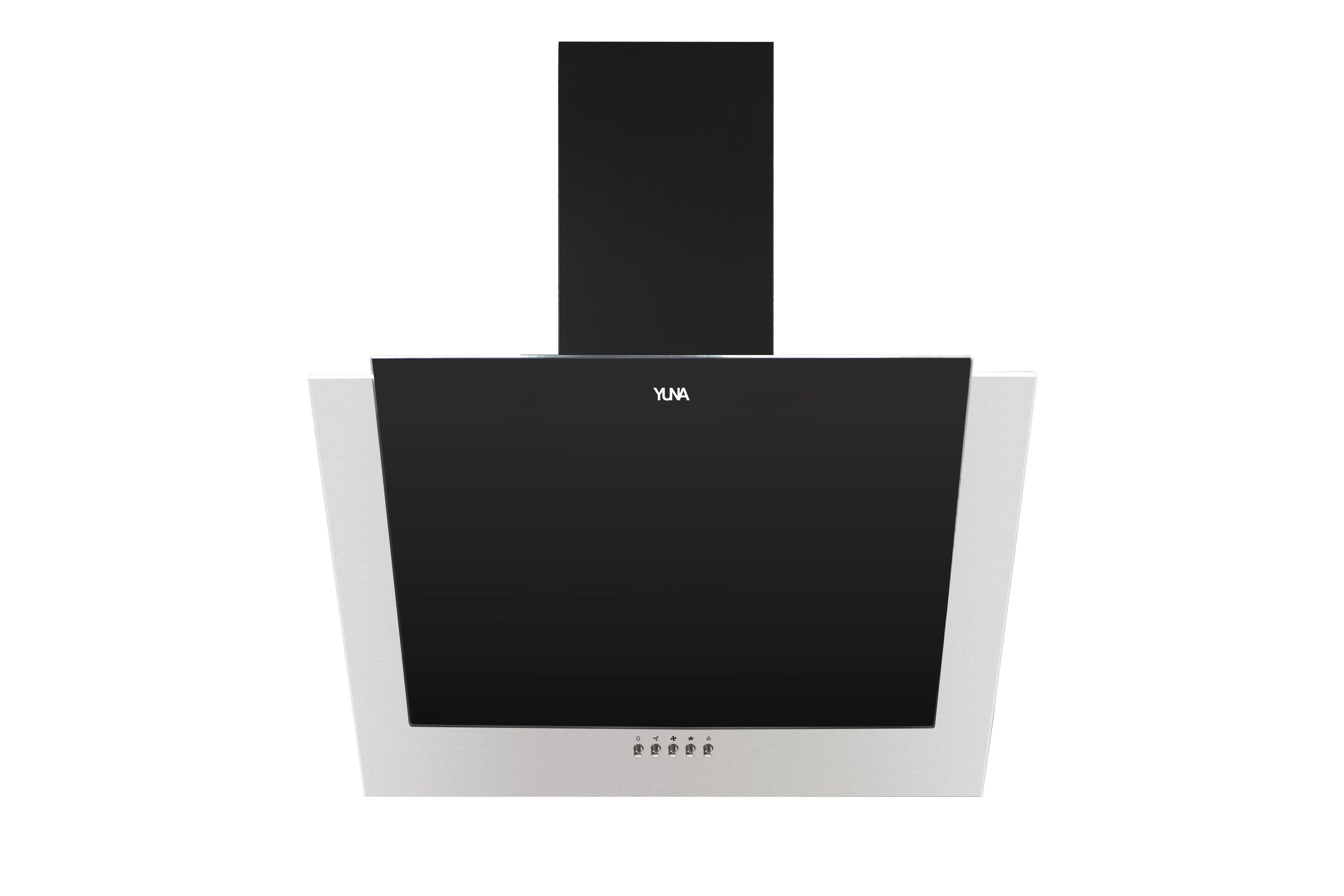 YUNA Kopffreihaube Dunstabzugshaube JULINA 60 cm Einbaubreite Schräghaube Serie JULINA Dunstabzugshaube JULINA 60 cm Einbaubreite Schräghaube, Abluft Umluft Stufen Wandmontage Glas- und Edelstahlfront