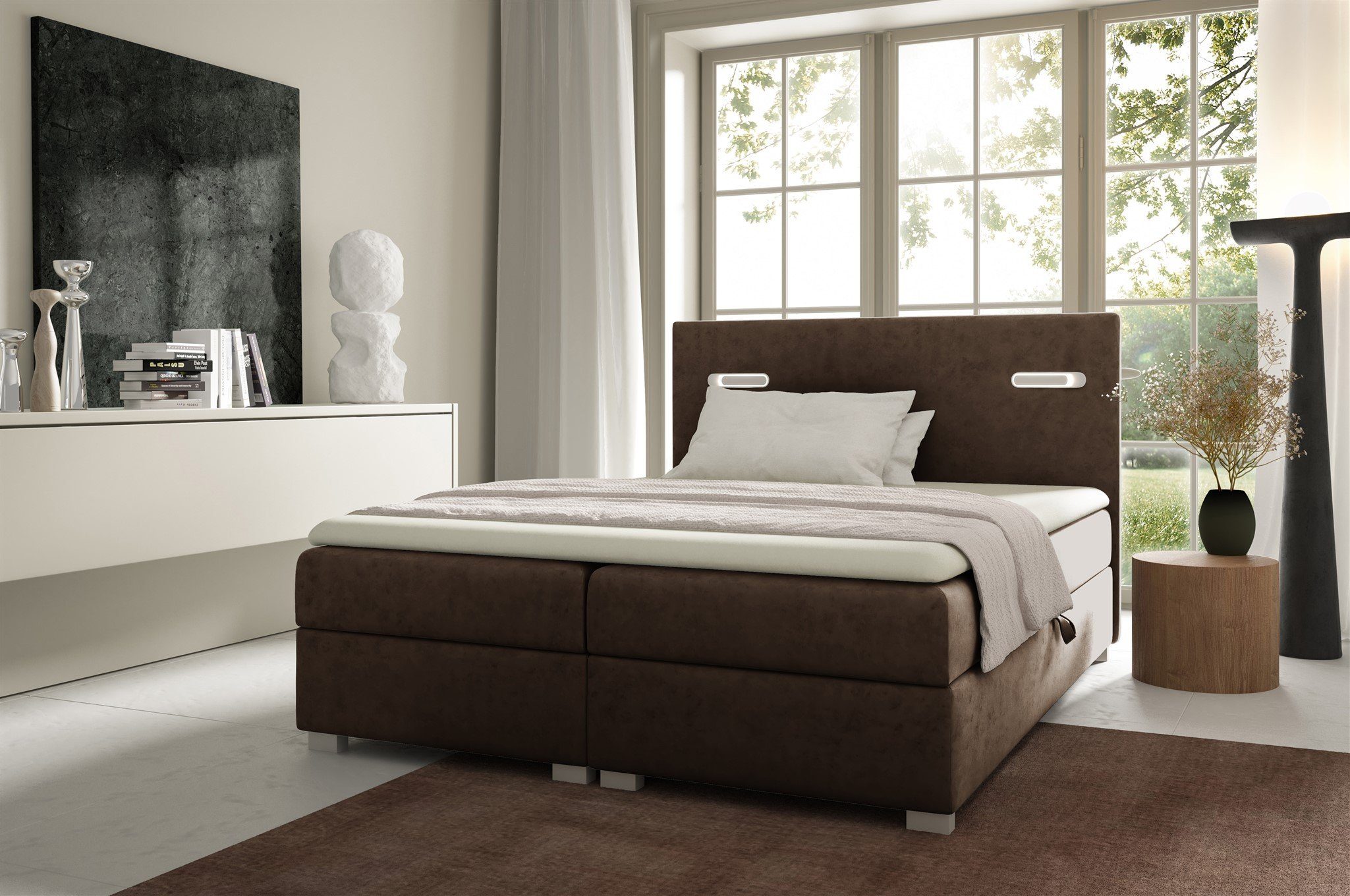 Fun Möbel Boxbett Schlafzimmerbett CAPRICE Überlänge in Stoff (inkl. 2 x Bettkasten und Topper, Ambiente-Beleuchtung mit Touch Funktion), Gepolstertes Kopfteil