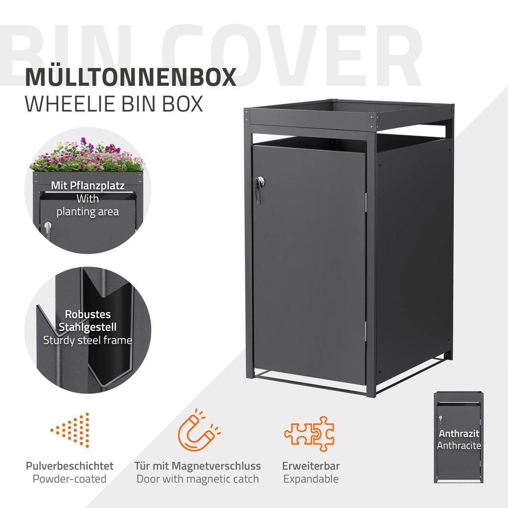 ML-DESIGN Mülltonnenbox Müllbox aus Stahl wetterfeste Mülltonnen Verkleidung Mülltonnengarage, Mülltonnencontainer mit Pflanzdach für 1 Tonne 120 oder 240 Liter