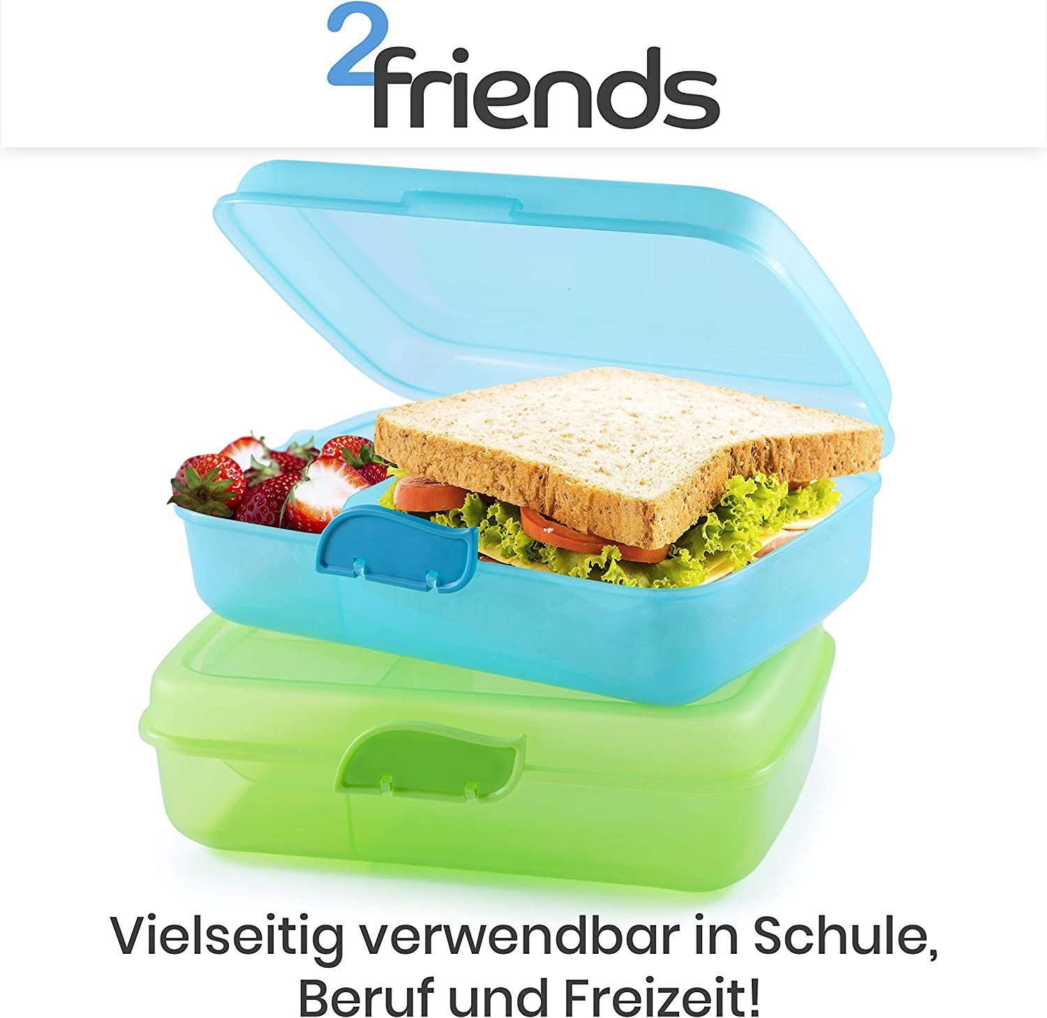 2friends Lunchbox 2er Set. Brotdose mit Fächern und Clickverschluss, Lunchbox, Kunststoff, (Set, 4-tlg., 2 Lunchboxen und 2 Dosen), Frühstücksbox, ohne BPA, grün und blau, 100% recyclebar