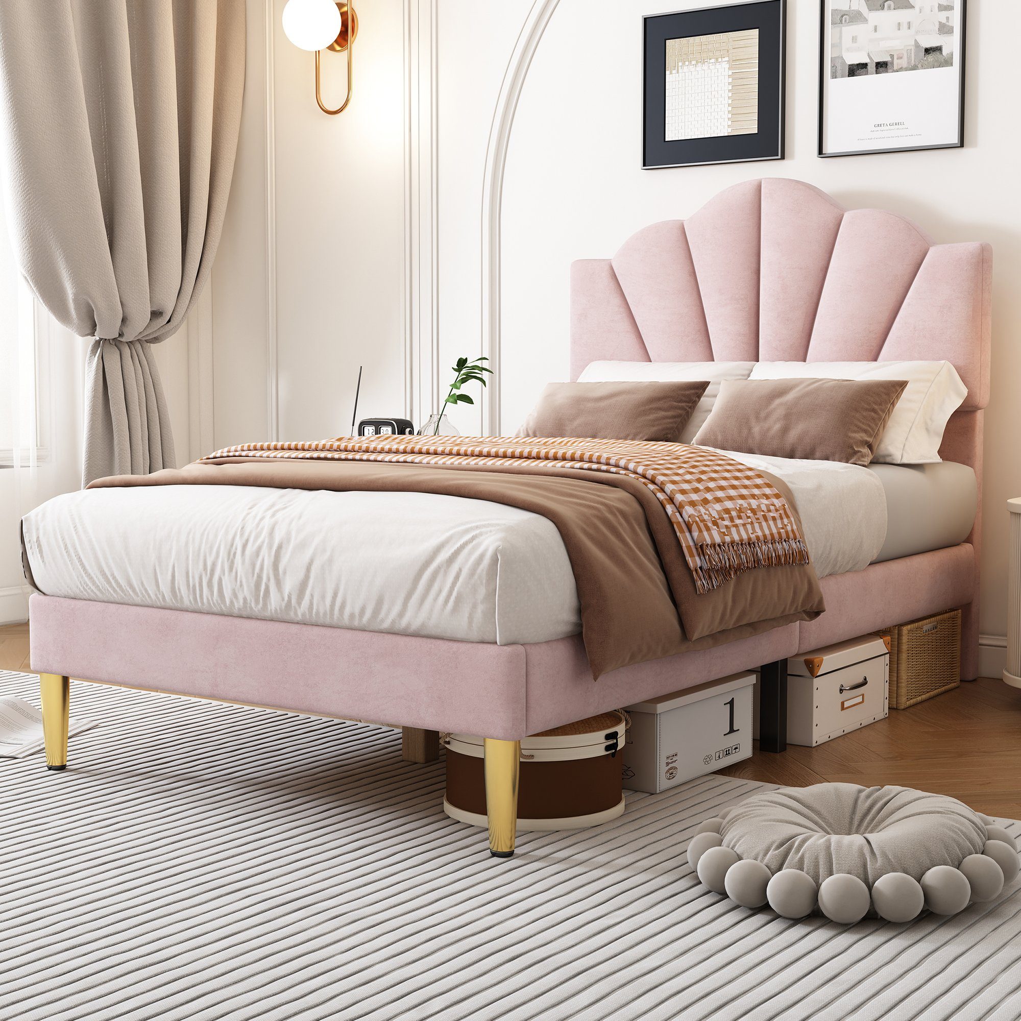WISHDOR Polsterbett muschelartiges Bett (90 X 200 CM Ohne Matratze), Höhenverstellbares Kopfteil,Bett mit goldenen Eisenbeinen