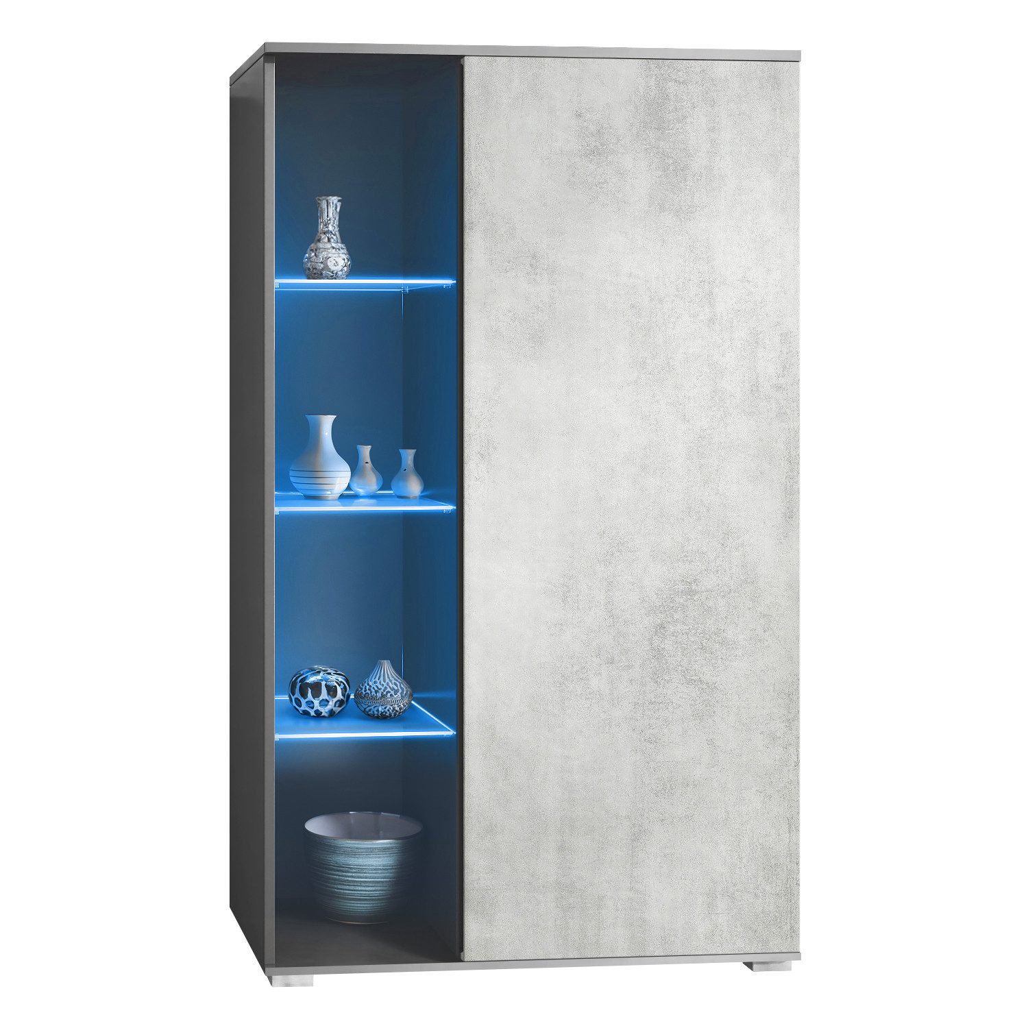 Vladon Standvitrine Davos (Standvitrine, mit 3 Glasböden und 8 Fächer inkl. LED) Anthrazit matt/Beton Oxid Optik (71,5 x 134 x 35 cm)
