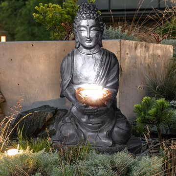 etc-shop Gartenleuchte, LED-Leuchtmittel fest verbaut, Warmweiß, Solar Buddha für Außen Japanische Stein Laterne Pagode Garten Terrasse