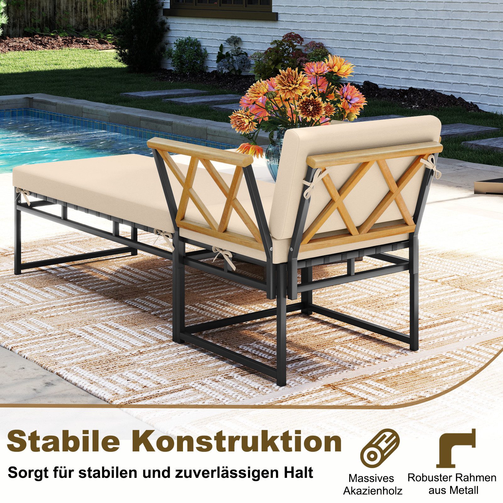 COSTWAY Gartenliege, Sonnenliege 2in1 Design mit Kissen Akazienholz Liegestuhl