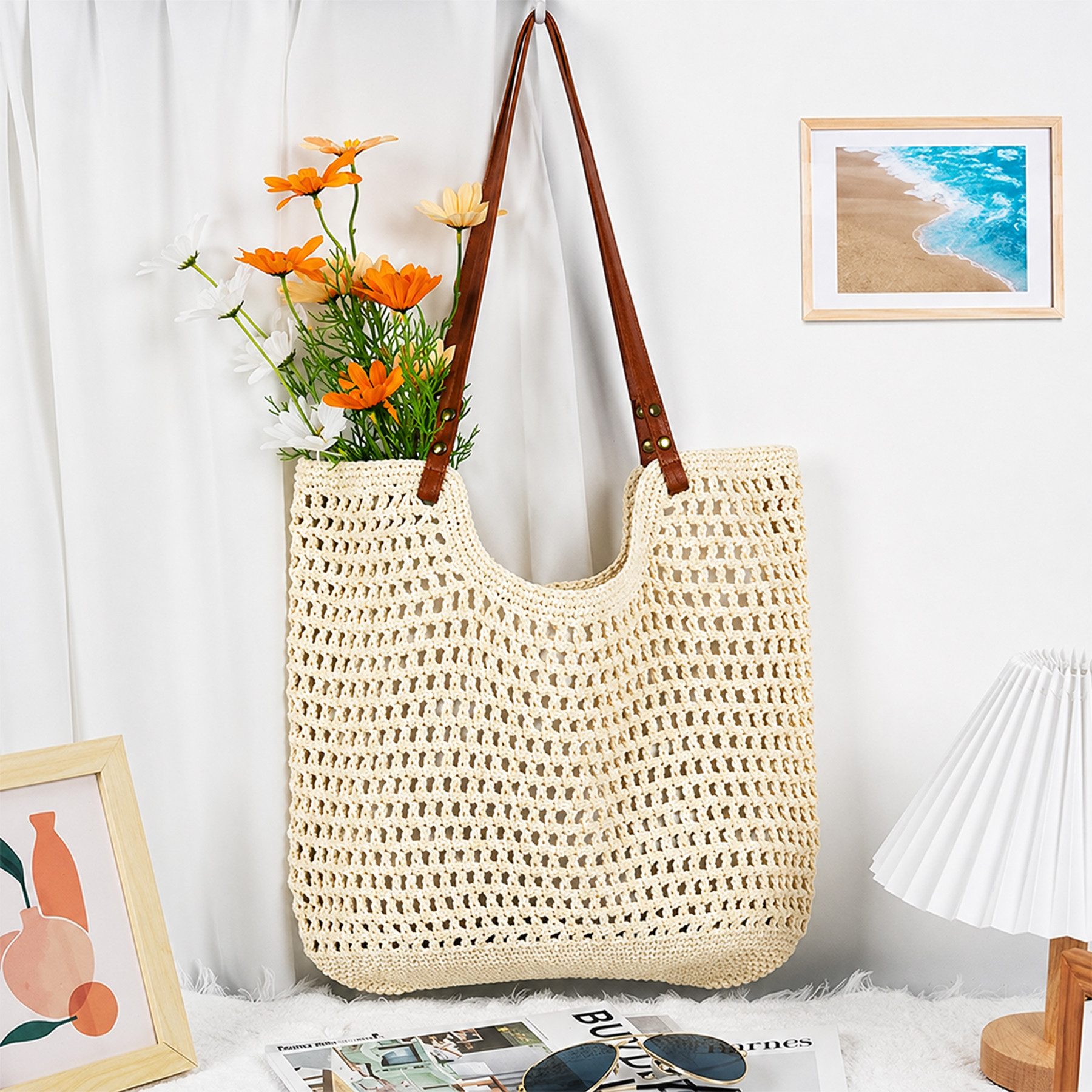 Mutig Strandtasche Sommer Strandtasche Damen Boho Häkeltasche Strand Mesh Tragetasche (Strohtasche Beach Handtasche Leicht Umhängetasche Vintage Sommertasche, Einkaufstasche Lässige, Reisetaschen Tasche, faltbar Hobo Taschen), für Reisen Einkaufen, Urlaub, Pendeln Strand Pool Fitnessstudio