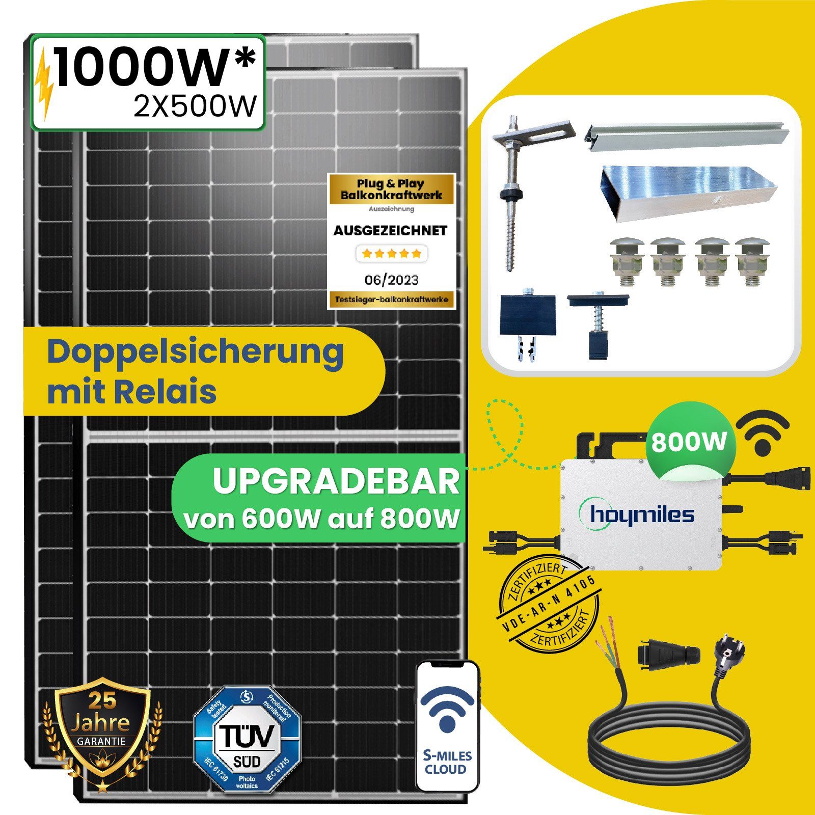 Stegpearl Solaranlage 1000W upgradefähiger Photovoltaik für Wasserdichtigkeitsklasse, Balkonkraftwerk, Verbindung Balkon-Solaranlage Freigabe PV-Montage (Die Haus, Play Antireflexbeschichtung, Mit & für Stockschrauben, Hoymiles Ihr Mikrowechselrichter, HMS-800W-2T steckerfertig der Module) 2 Plug WLAN Monokristallin