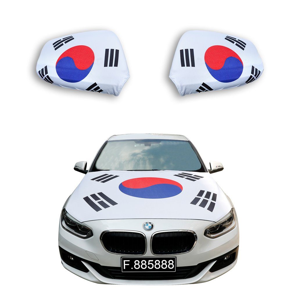 Sonia Originelli Fahne Fanset "Südkorea" South Korea Fußball Motorhaube Außenspiegel Flagge, für alle gängigen PKW Modelle, Motorhauben Flagge: ca. 115 x 150cm