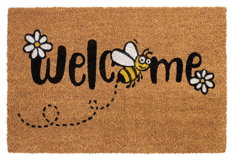 Fußmatte E-COCO PRINT, 60 x 40 cm, Braun, Schwarz, Kokos, HAMAT, rechteckig, Höhe: 15 mm, Schriftzug Welcome, mit Bienenmotiven