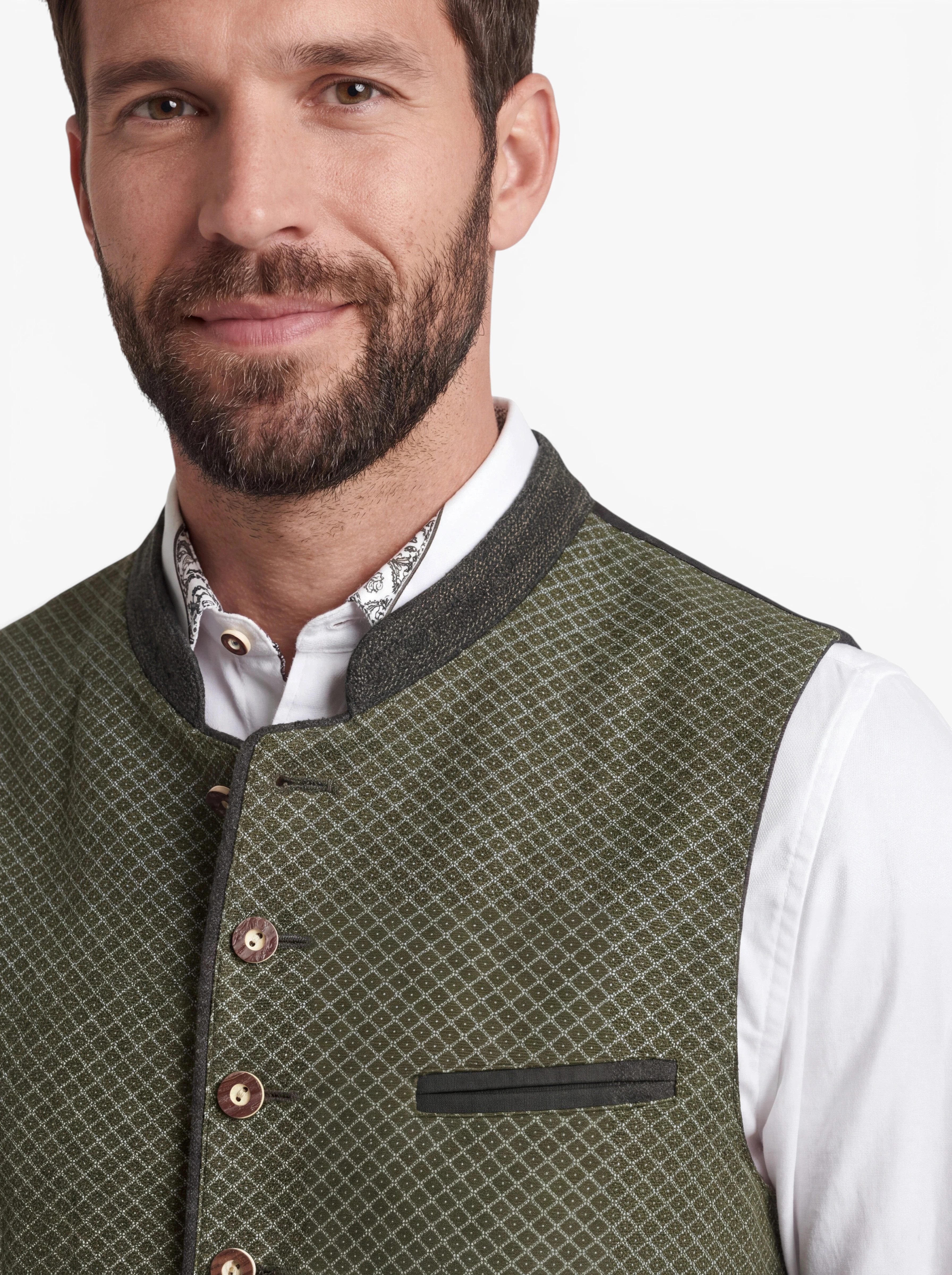 Moschen-Bayern Trachtenweste Antonio Herren Trachten-Gilet Baumwolle Stehkragen oliv