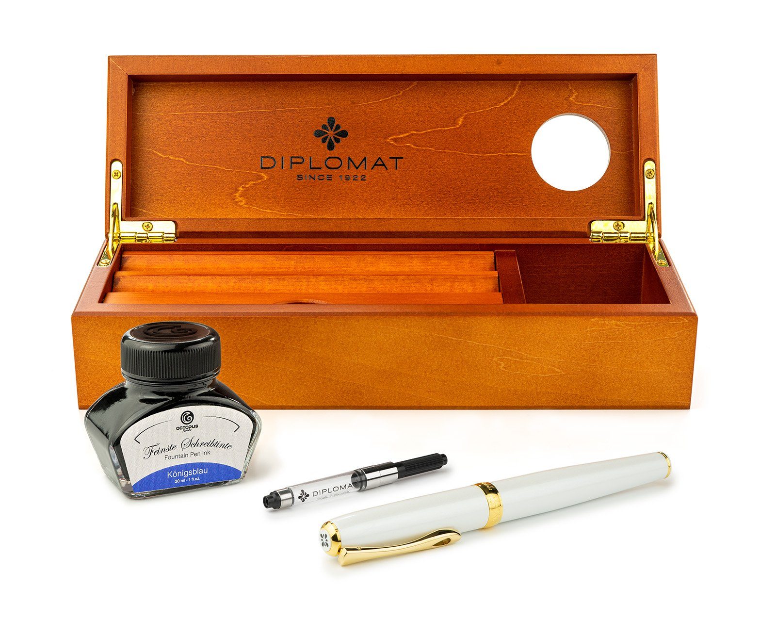 DIPLOMAT Füllhalter Excellence A2 Perlmutt Gold mit Stiftetui aus Holz, (Komplett-Set mit Tintenkonverter, Schreibtinte Königsblau von Octopus Fluids und Holzetui), MADE IN GERMANY