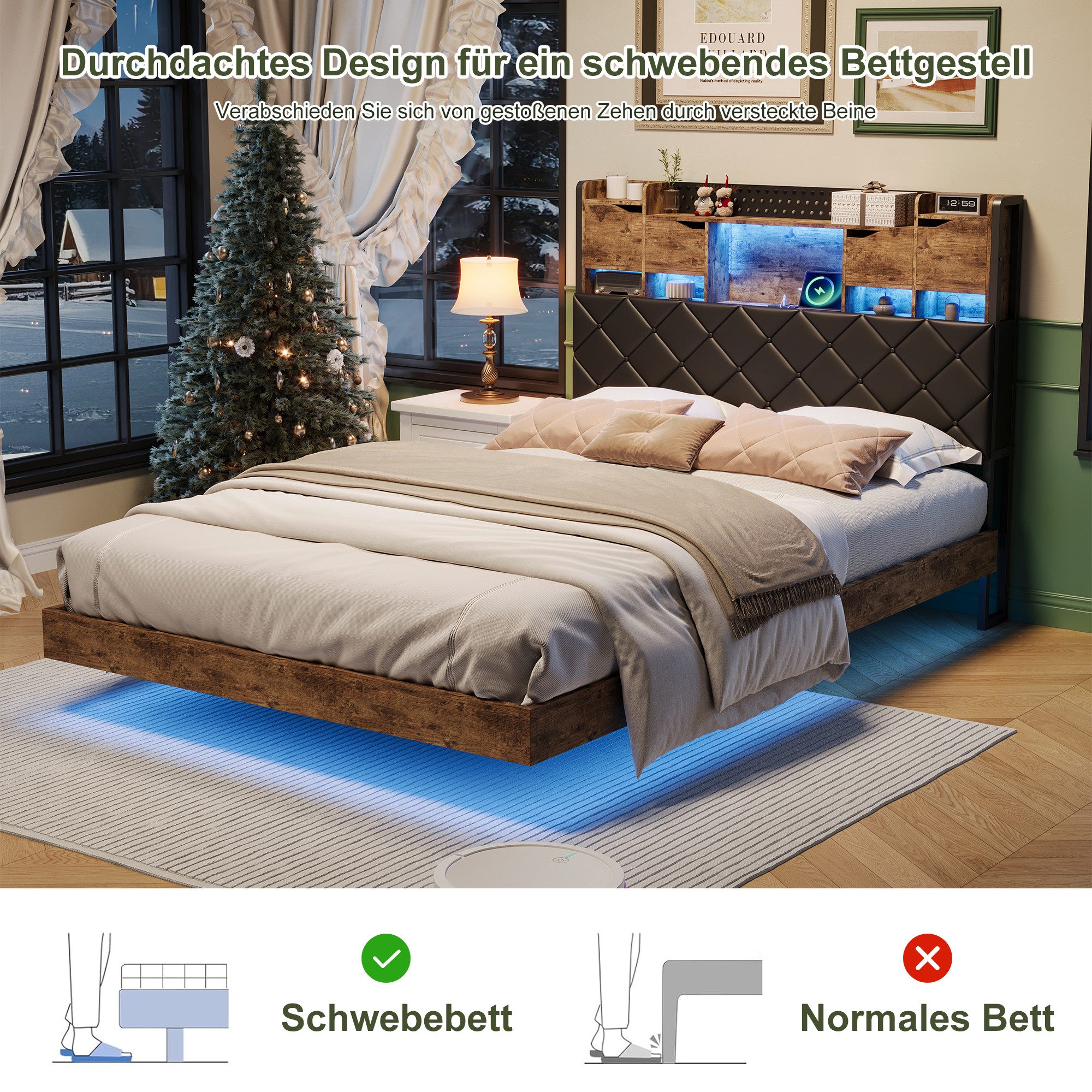 zebery Polsterbett Doppelbett mit LED-Beleuchtung und Ladestation, Jugendbett 140x200cm mit USB&Typ-C,Metallrahmen – Bild 3 von 5