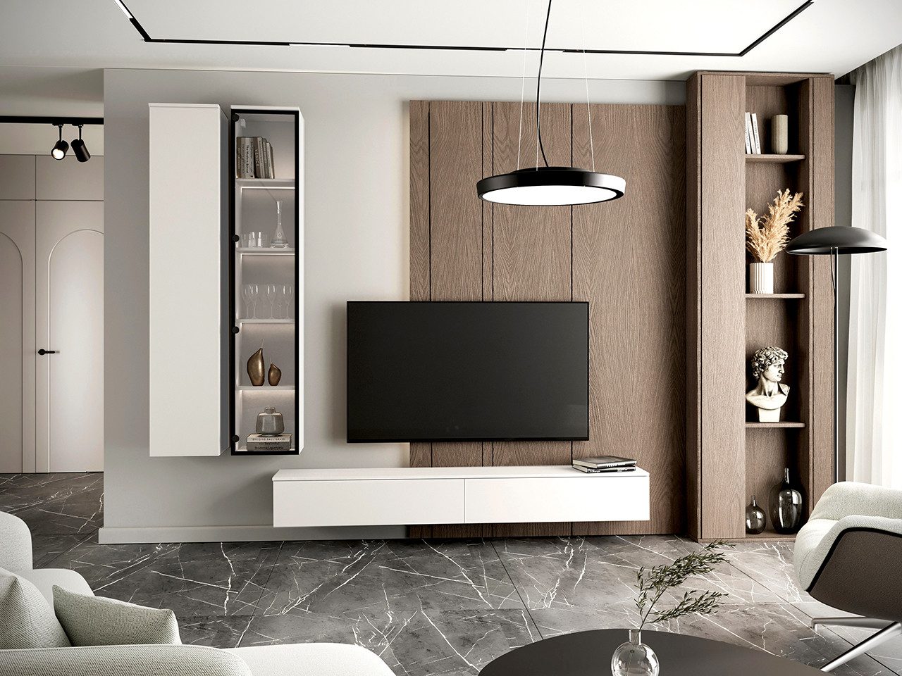 MOEBLINE Wohnwand Medienwand FIVO 1 weiß 3tlg. Vitrinen TV-Lowboard