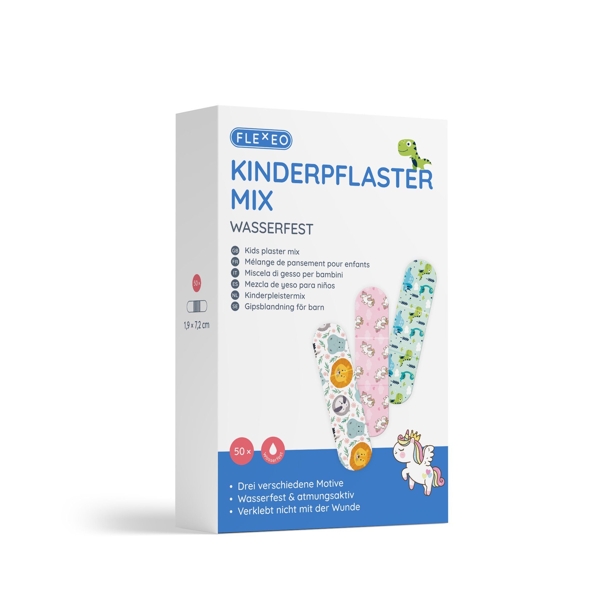 FLEXEO Wundpflaster Kinderpflaster (50 St), tierische Pflastermotive Einhorn Dino Löwe
