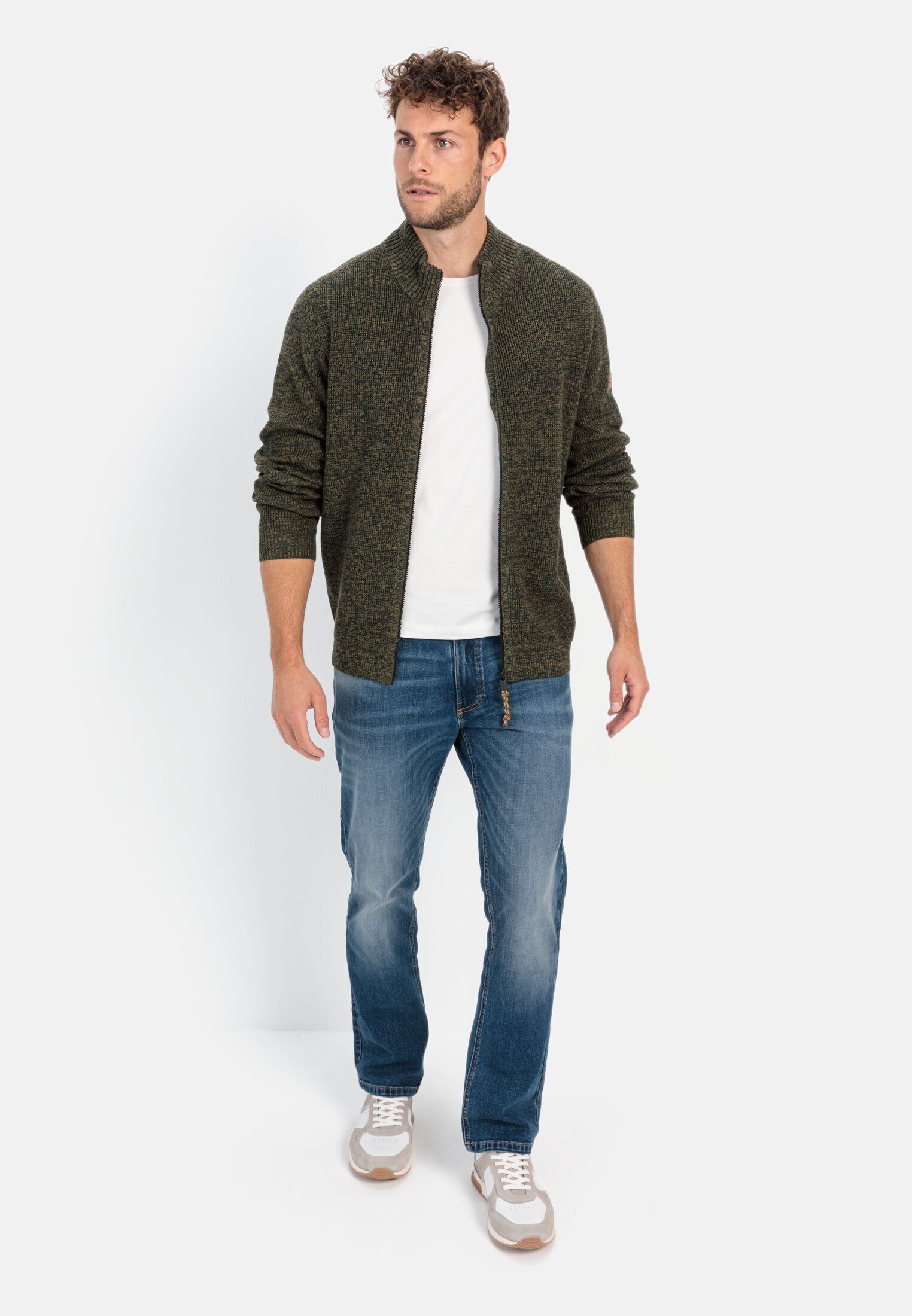 camel active Strickjacke mit Reißverschluss Langarm Stehkragen