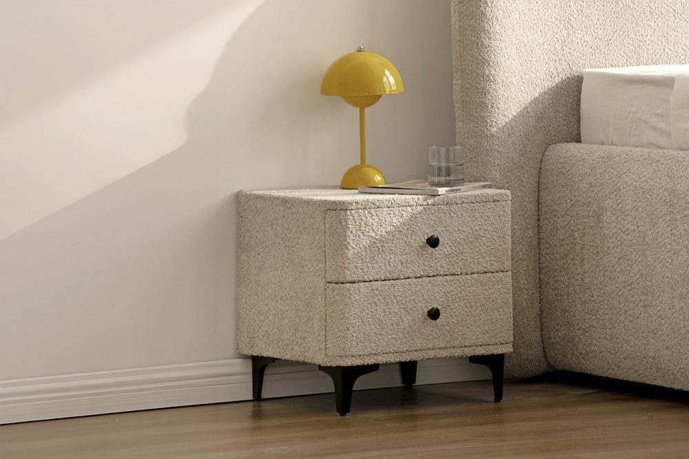 riess-ambiente Nachttisch ART DECO 45cm greige Bouclé – mit Schubladen, schwarzes Metallgestell (Einzelartikel, 1-St), moderner Look, 2 Schubladen, filigrane Beine, stilvoller Bouclé-Stoff