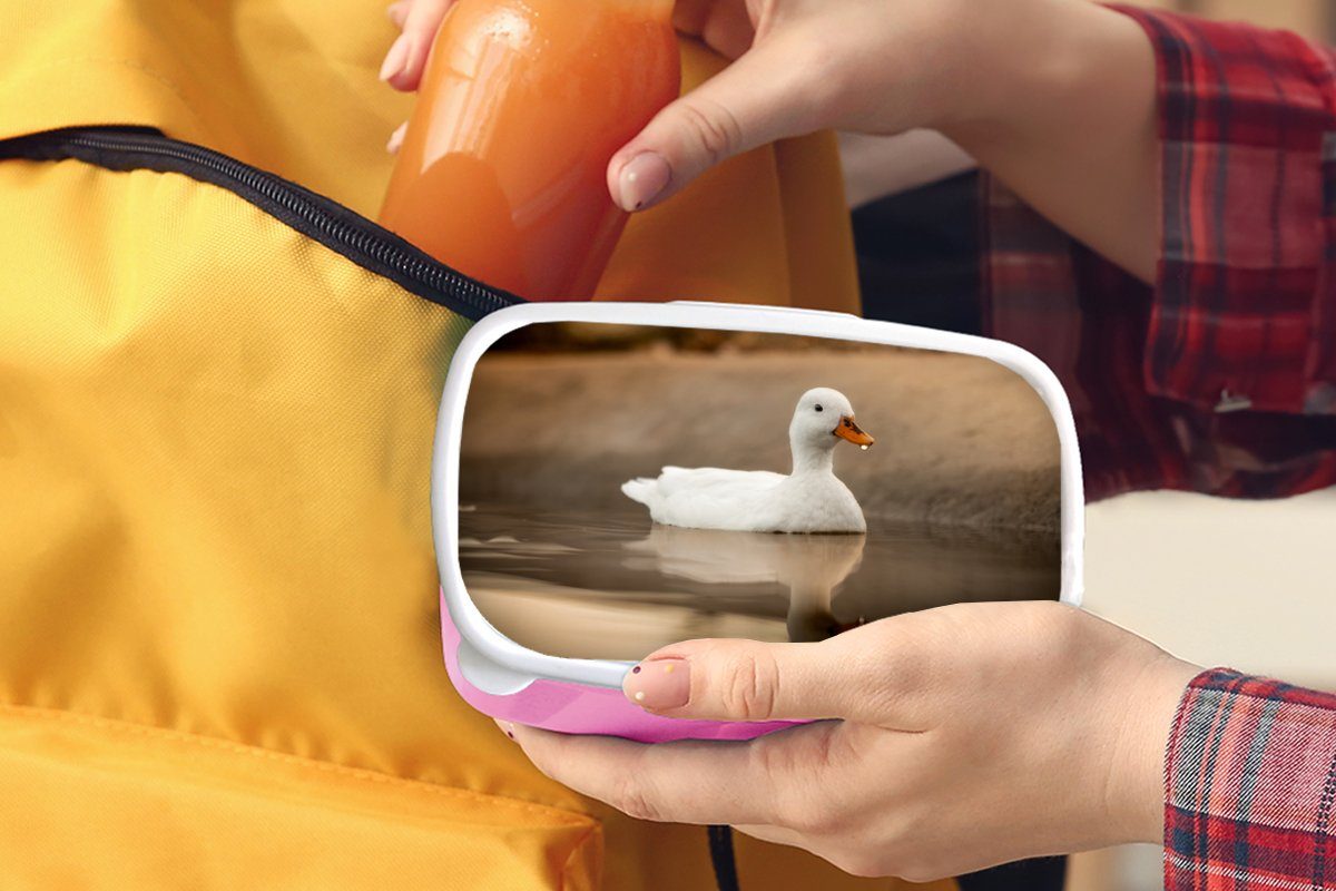 MuchoWow Lunchbox Ente - Vogel - Kinder, (2-tlg), rosa Wasser - Kunststoff, Brotbox Snackbox, Mädchen, Kunststoff für Brotdose Erwachsene, Weiß
