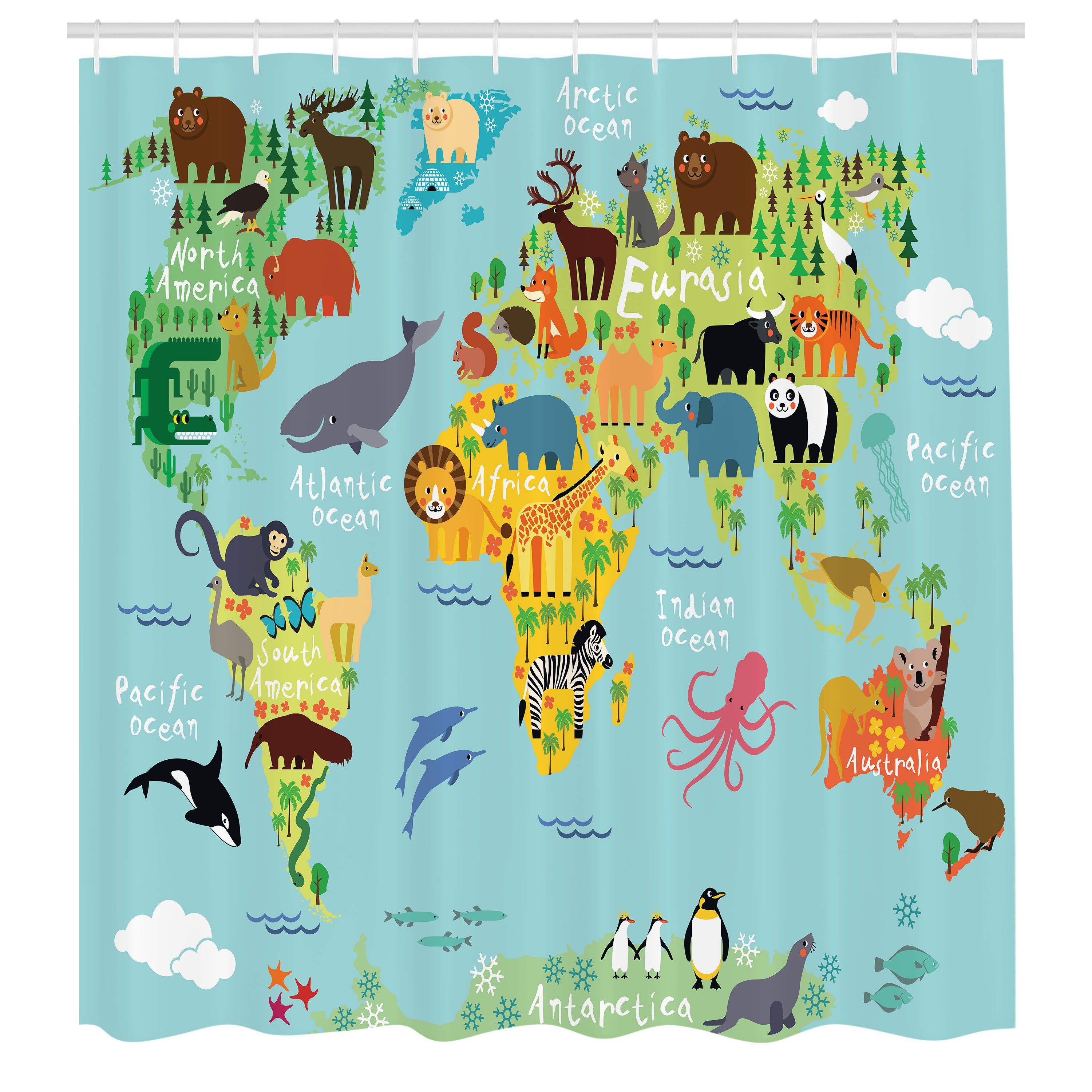Abakuhaus Duschvorhang Moderner Digitaldruck mit 12 Haken auf Stoff Wasser Resistent Breite 175 cm, Höhe 180 cm, Weltkarte Tier Karte der Welt