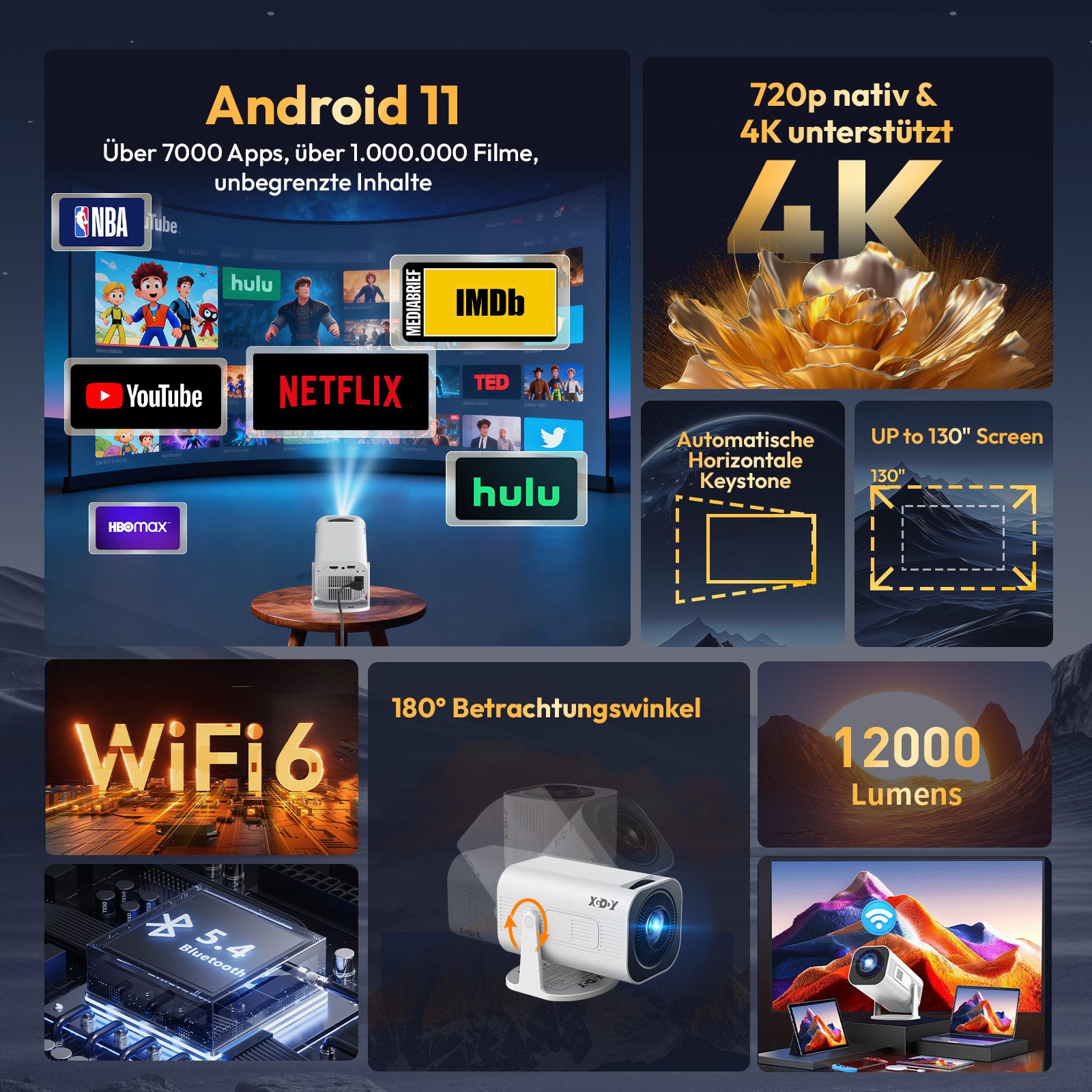XGODY 2026 Neu Tragbarer Projektor Gimbal 3Pro 4K Android 11 Wifi6 BT 5.4 Mini-Beamer (12000 lm, 10000:1, 3840 x 2160 px, Android OS mit App-Store, Youtube, Netflix, Prime Video etc)