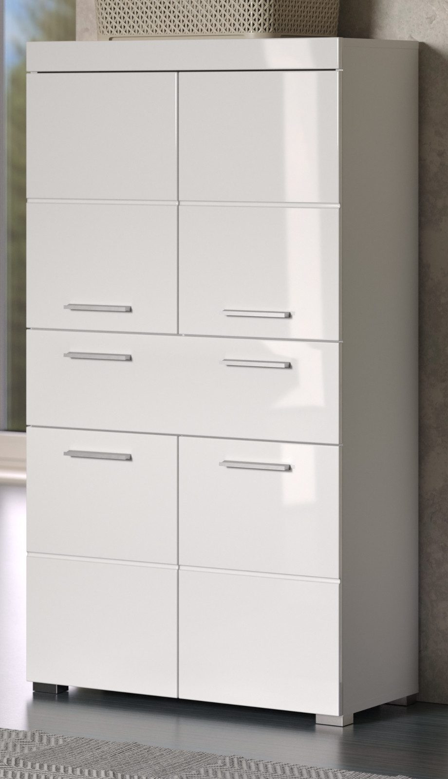 Inn.Furn Midischrank Adamo (Badschrank in Weiß Hochglanz, 4-türig, 73 x 132 cm) mit großem Schubkasten und viel Stauraum