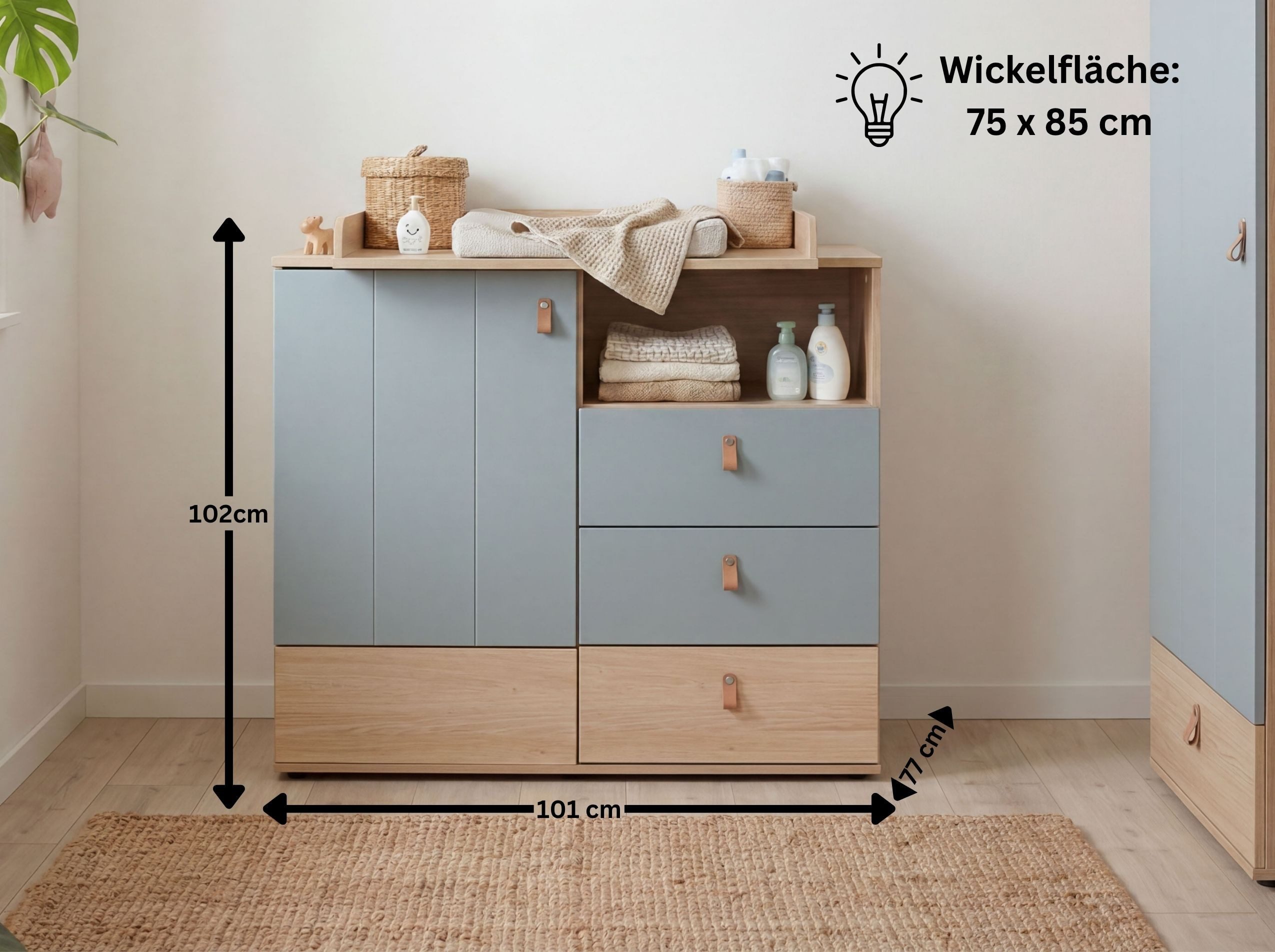 arthur berndt Babyzimmer-Komplettset Roofy, (Spar-Set, 2-tlg., Kinderbett, Wickelkommode), Soft-Close Funktion, Türdämpfung, Ledergriffe