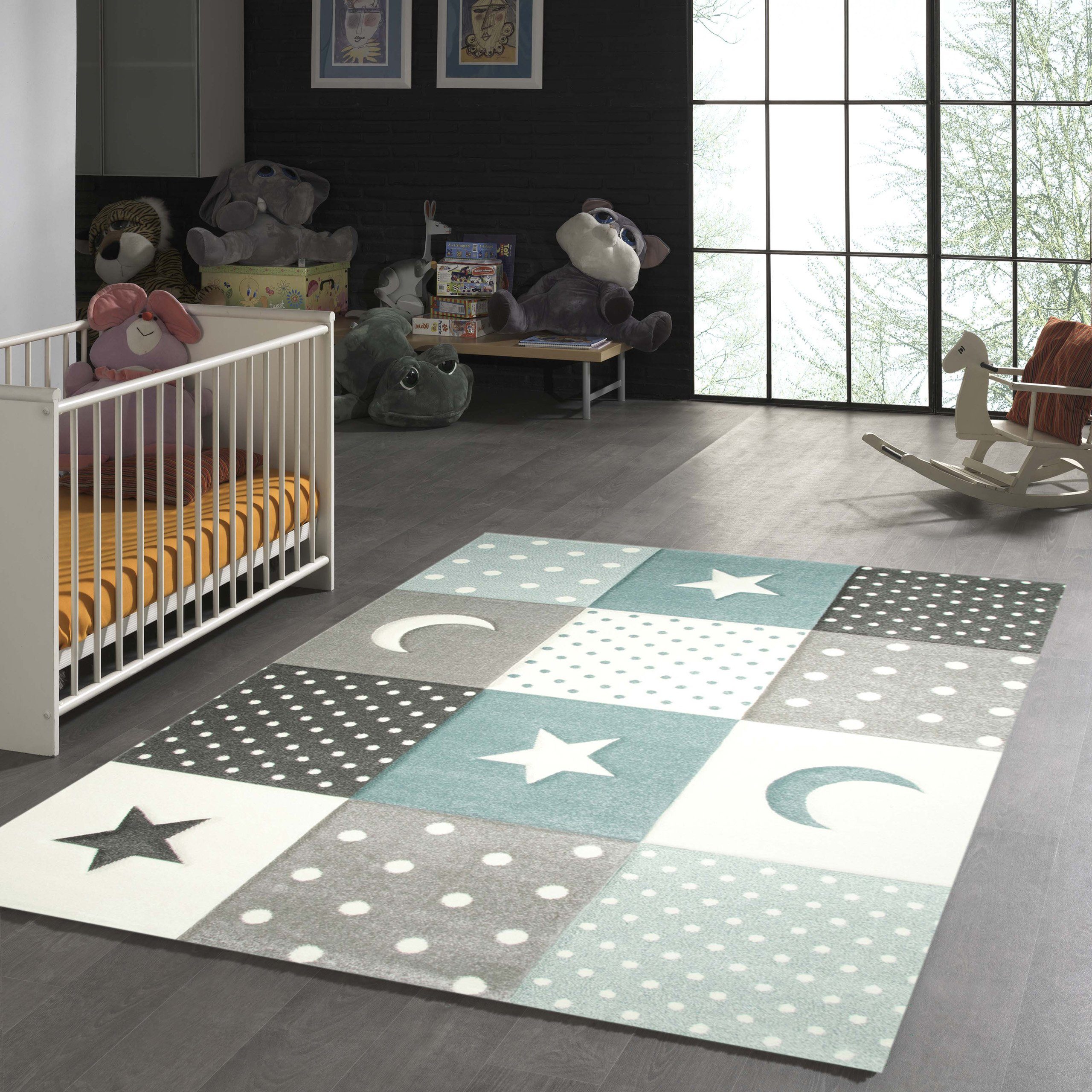 TeppichHome24 Kinderteppich Kinderteppich Stern Mond in Weiss Grau Blau, re günstig online kaufen