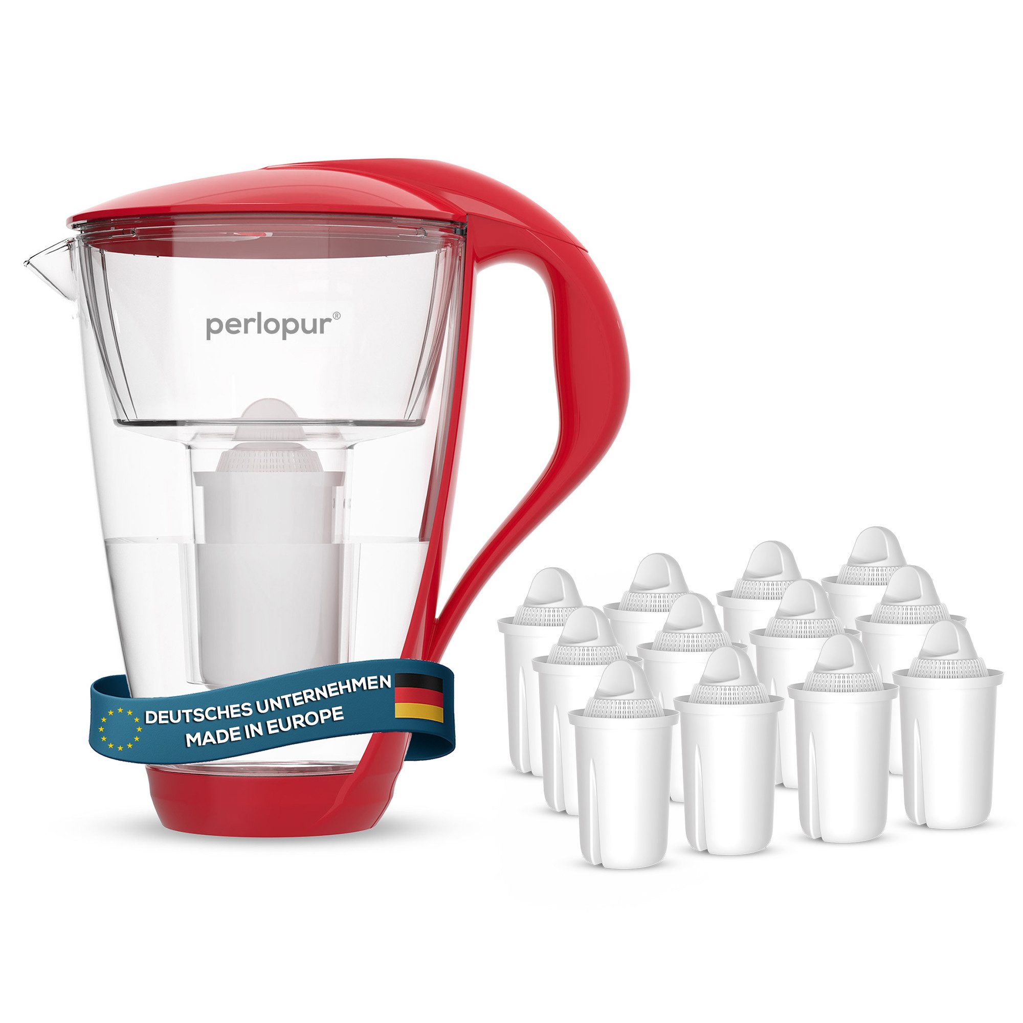 PerloPur Wasserfilter Glas Rot Inkl. 12 Universal Filterkartuschen, Zubehör für Brita Classic u. PearlCo Classic