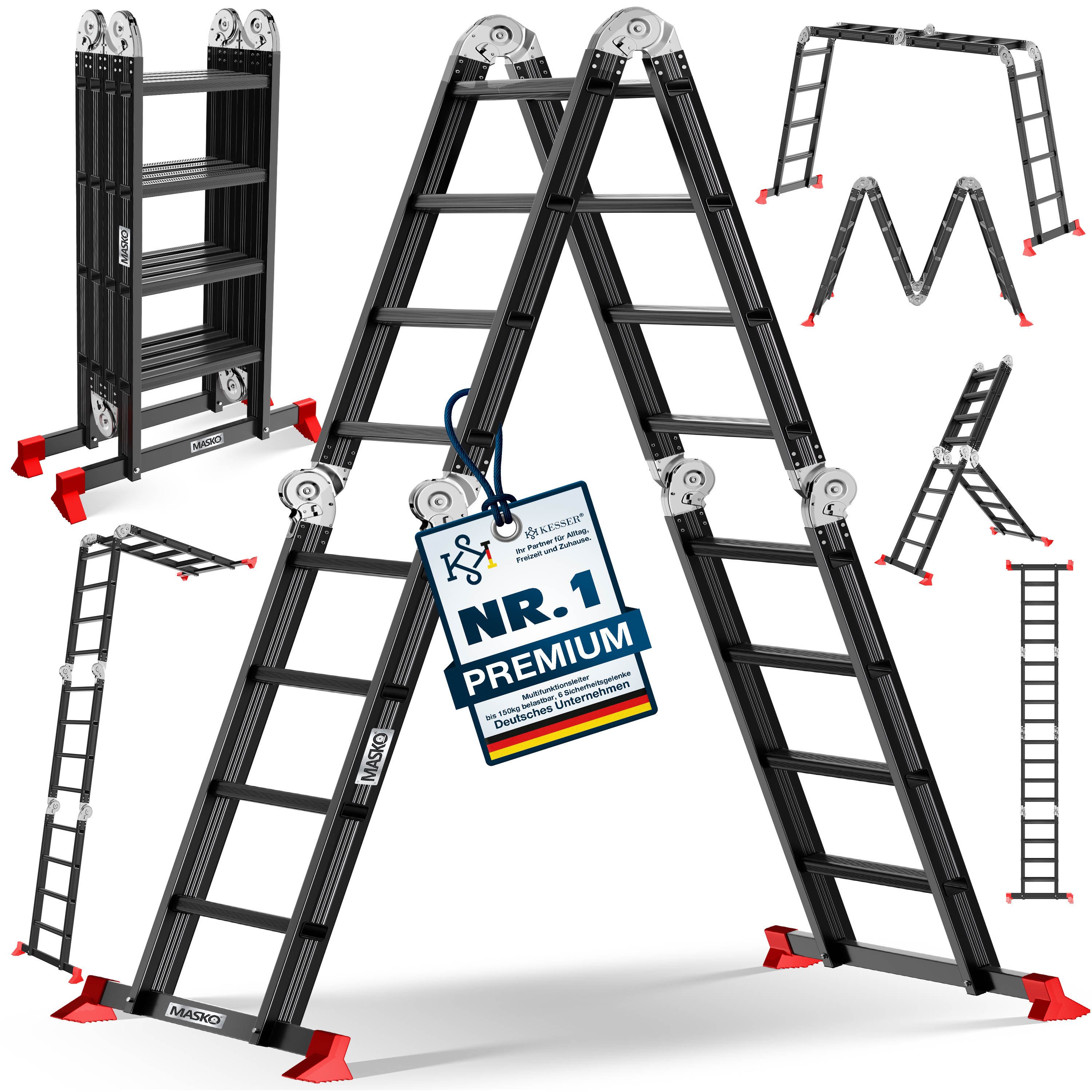 MASKO Vielzweckleiter Aluminium 6in1 Mehrzweckleiter 4x4 Stufen, 470cm, bis 150kg belastbar, multifunktionale Gelenkleiter, Anlegeleiter, Steh- & Treppenleiter