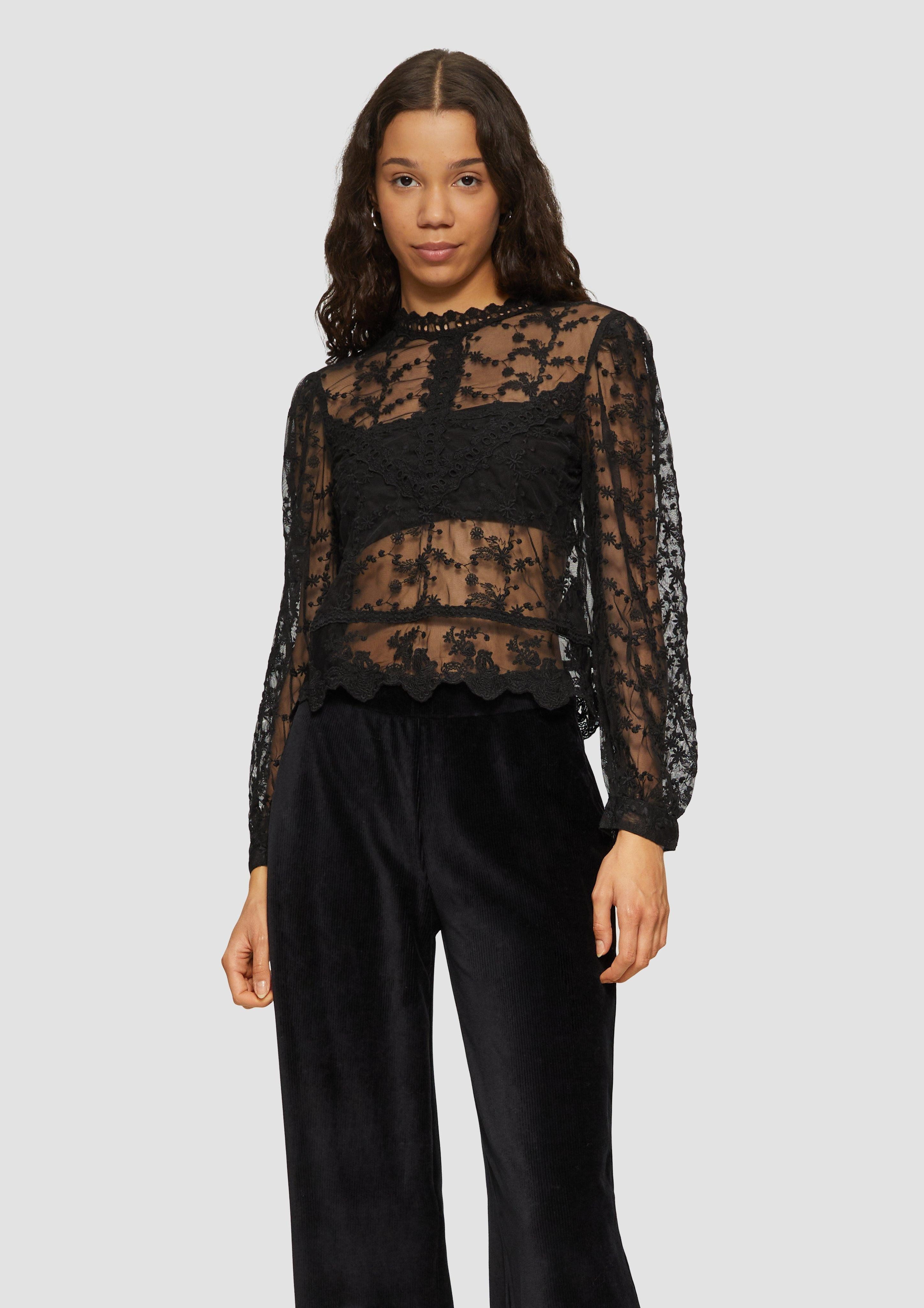 Langarmbluse Transparente Spitzen-Bluse mit Stehkragen