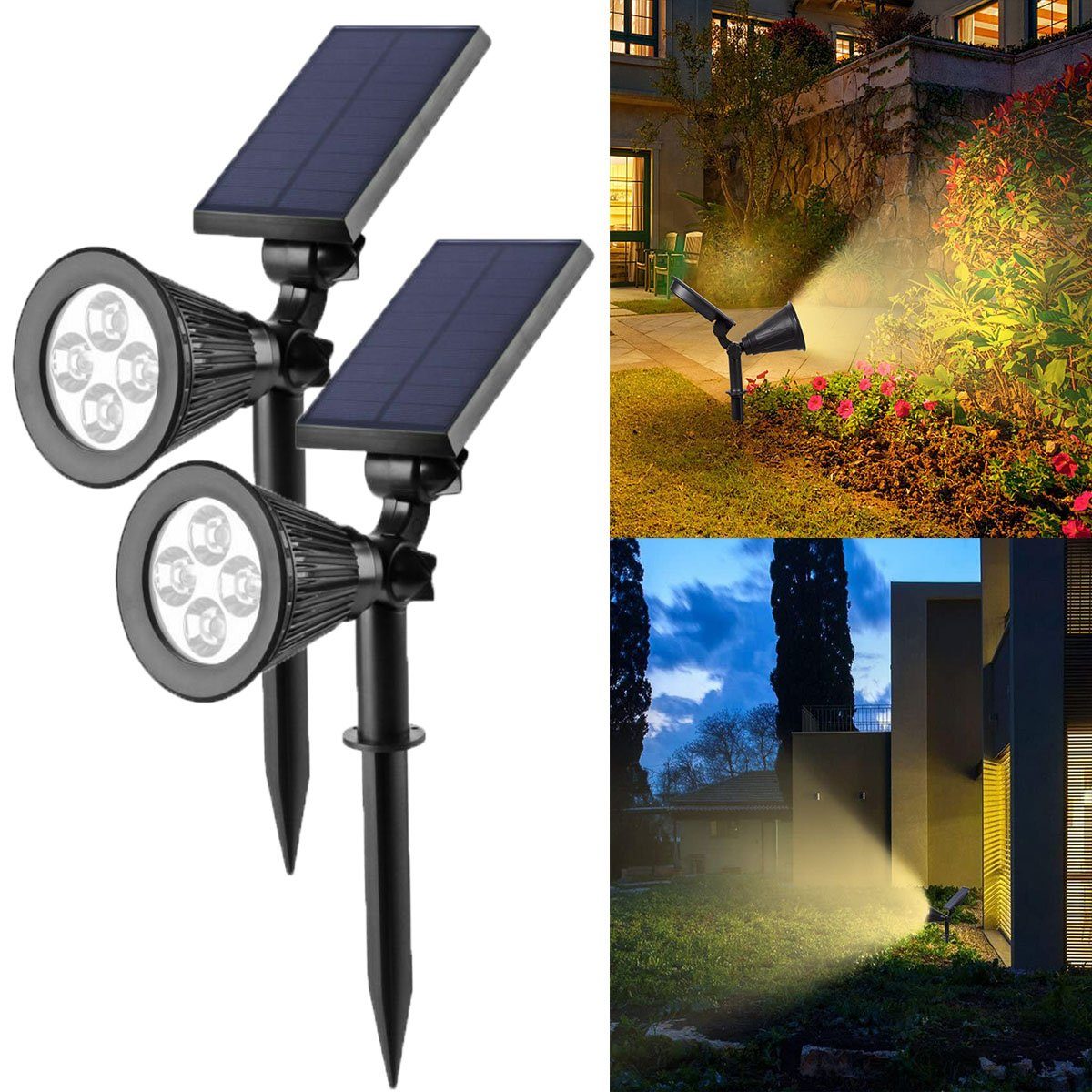 oyajia LED Solarleuchte 4LEDs Solarleuchte Scheinwerfer, Superhelle 200-LM-Landschaftslampen, LED fest integriert, 180 ° -Winkel einstellbar für Terrasse, Baum, Deck, Wand, Poolbereich 2x Warmweißes Scheinwerfer