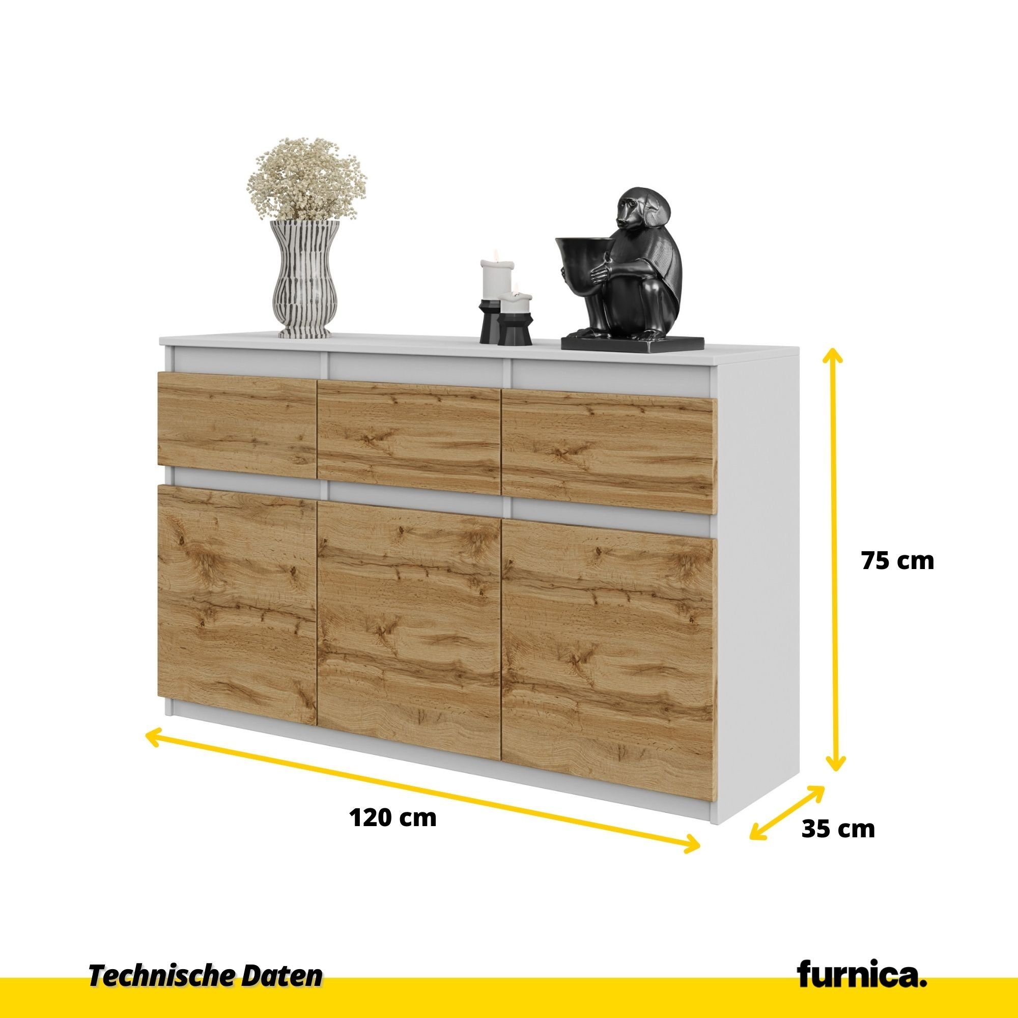 Furnica Kommode NOAH 3 Schubladen 3 Weiß Matt/Votan H75cm (1 und Eiche Weiß Matt Türen - St) T35cm B120cm