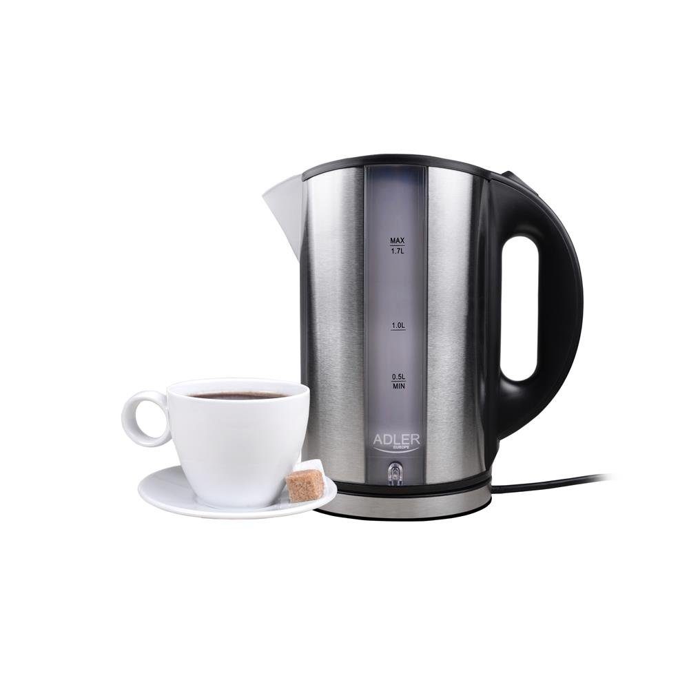 Adler Wasserkocher AD 1216, 1,7 l, 2000,00 W, Anti-Kalk-Filter, Automatische Abschaltung, Silber